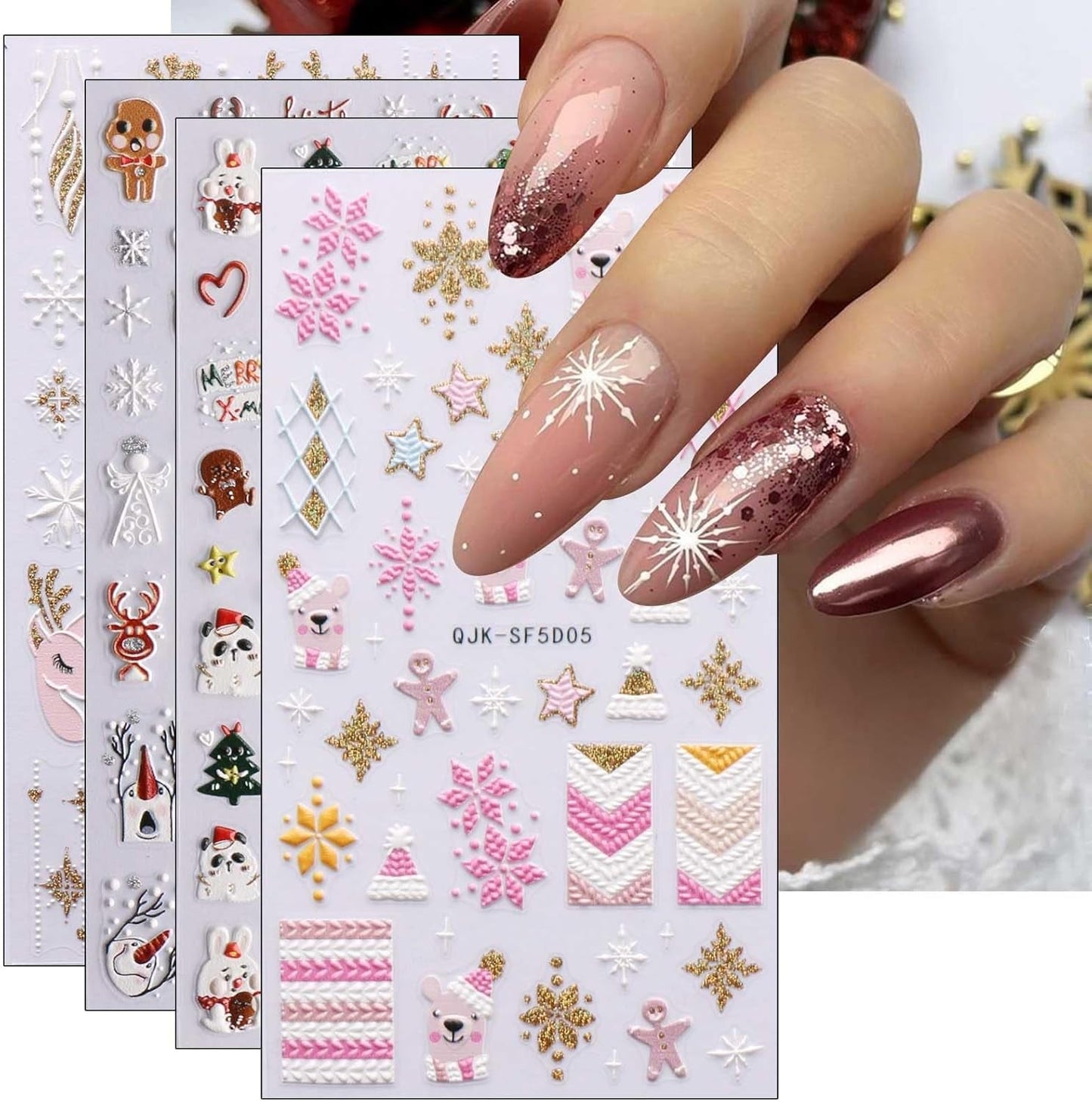 Pegatinas navideñas 3D para uñas, 4 hojas, pegatinas 5D para uñas, pegatinas estereoscópicas para uñas, decoraciones, accesorios de diseño de uñas