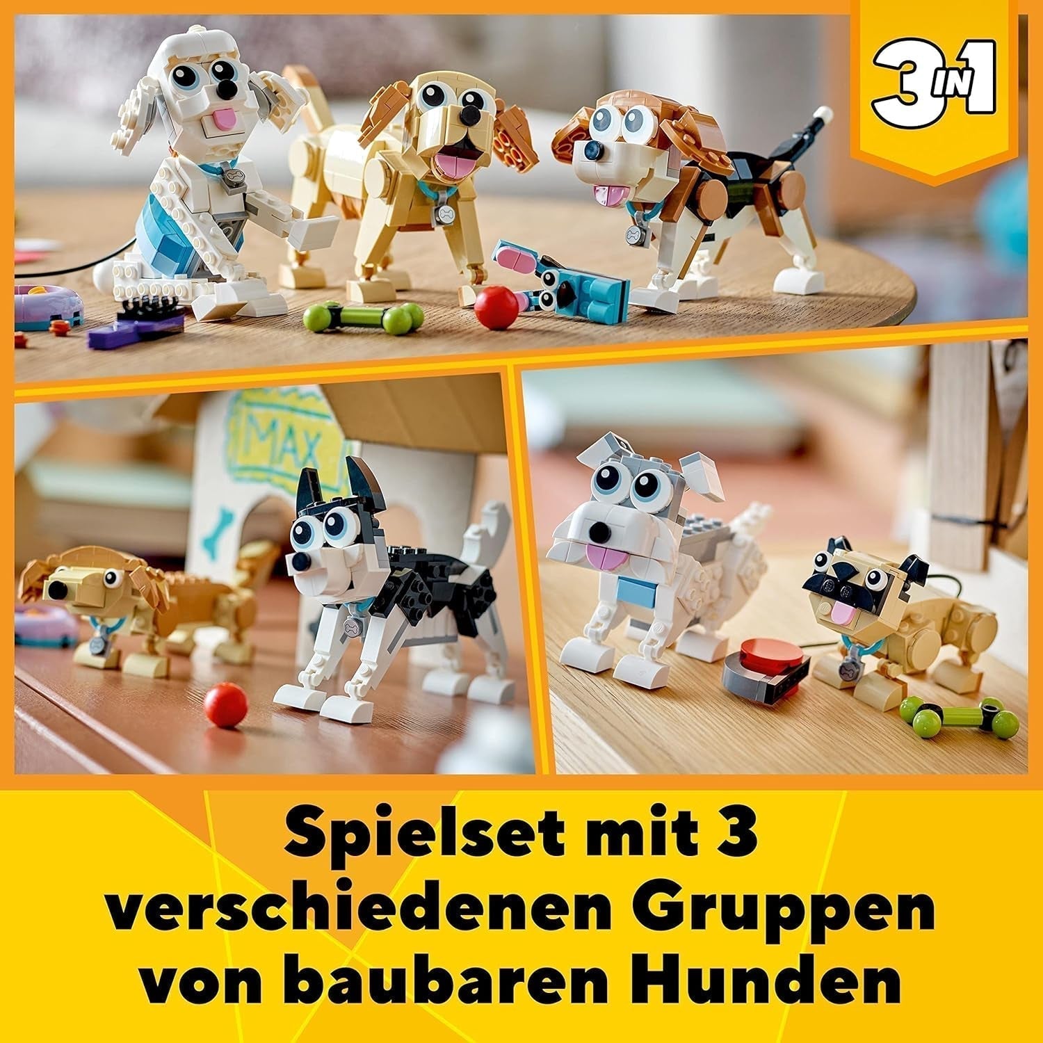 LEGO 31137 Creator Lindo Set de Perros 3 en 1 con Figuras de Animales: Salchicha, Pug, Caniche y más, Juguete para Niños a partir de 7 años, Regalo para los Amantes de los Perros Juegos de Construcción Besuche den LEGO-Store