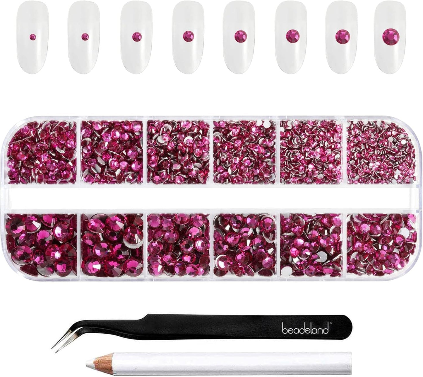 Beadsland 2500 piezas de piedras de cristal para decoración de uñas con parte trasera plana, piedras preciosas para trabajos manuales de 8 tamaños SS4 ~ SS30 con pinzas y puntas (Kristall Weiss)