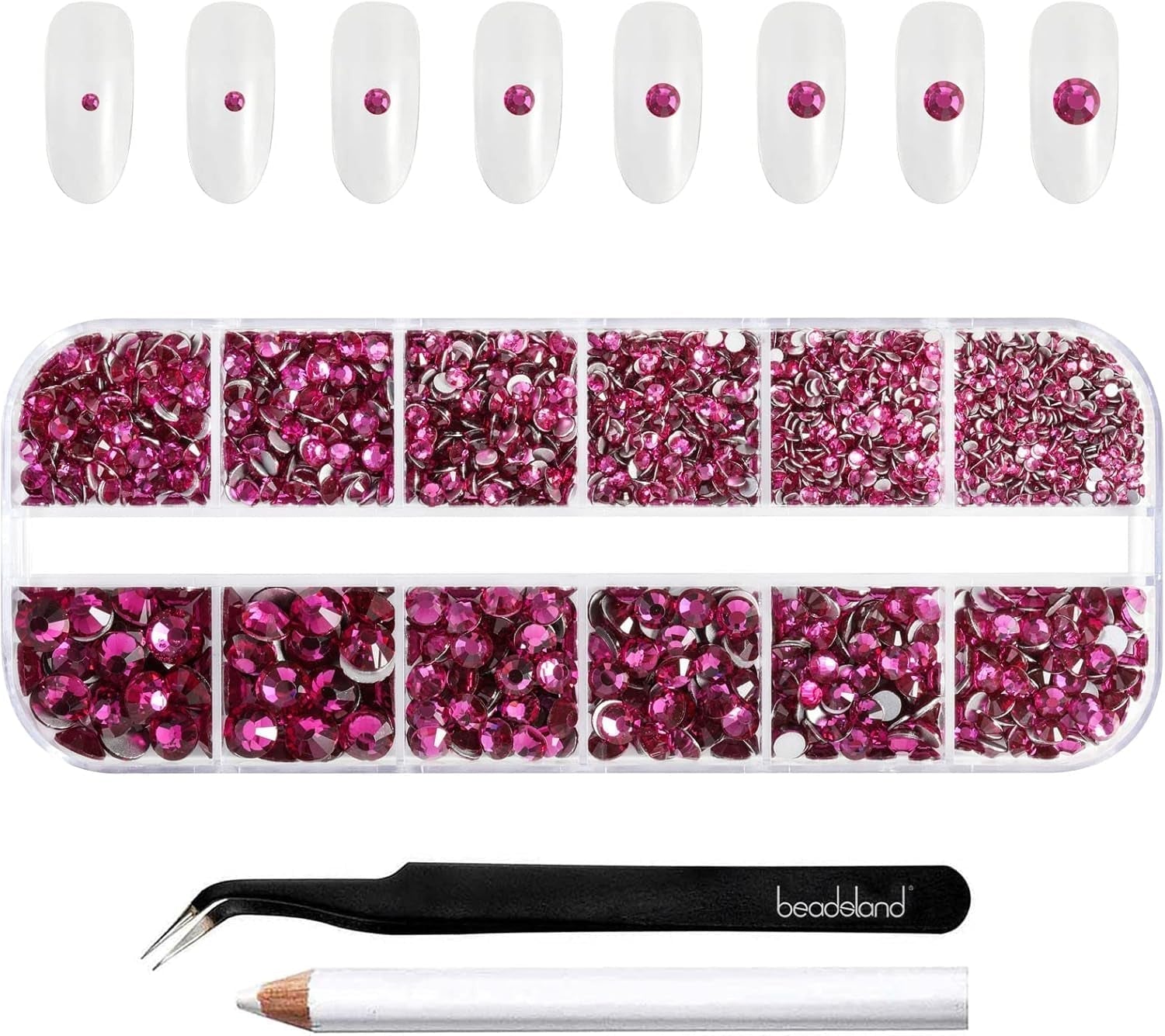 Beadsland 2500 piezas de piedras de cristal para decoración de uñas con parte trasera plana, piedras preciosas para trabajos manuales de 8 tamaños SS4 ~ SS30 con pinzas y puntas (Kristall Weiss)