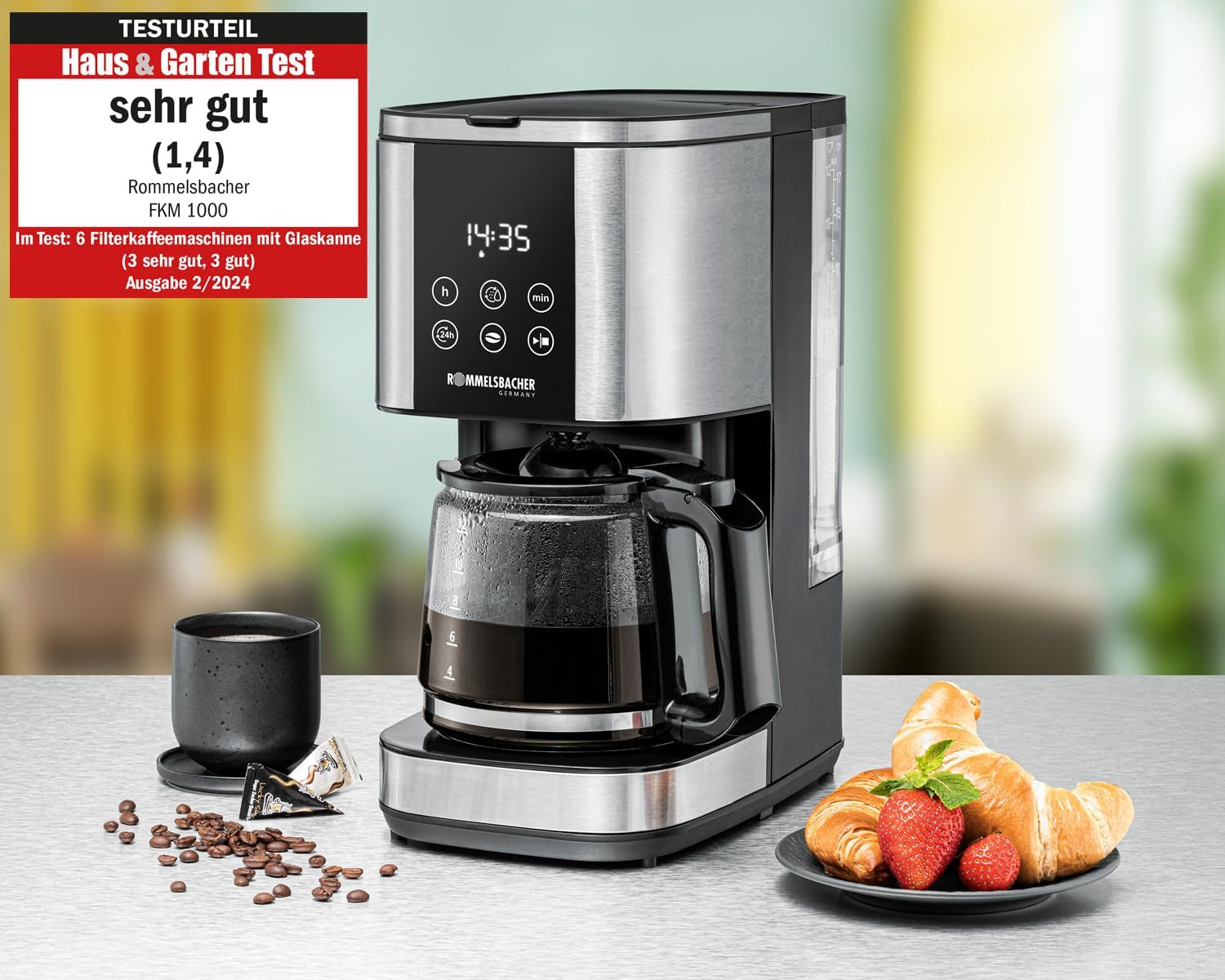Cafetera espresso con filtro Rommelsbacher FKM 1000 - depósito de agua de 1,5 litros para 12 tazas de café, jarra de cristal, inicio diferido, función mantener caliente, función aroma, portafiltro extraíble 1x4