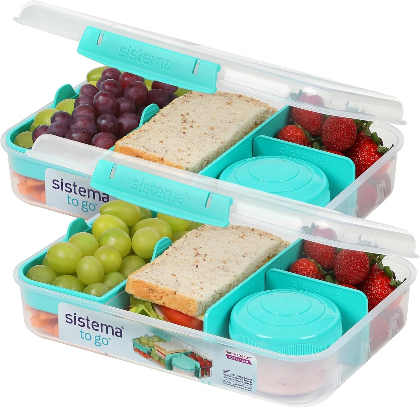 Sistema de fiambrera Bento Box TO GO con compartimentos | Fiambrera de 1,25 L con recipiente para yogur/fruta | para niños y adultos l | Minty Teal sin BPA [21685-8T], verde menta Cajas para almacenar alimentos Naty Shop Minty Teal 2 X 1,48 LITROS
