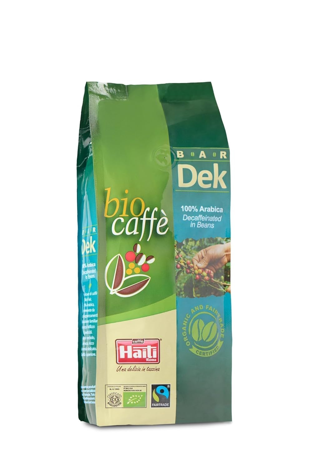 Caffè Haiti Roma café en grano orgánico descafeinado, 100% Arábica, certificado Fairtrade, calidad orgánica, paquete de 2 x 500 g