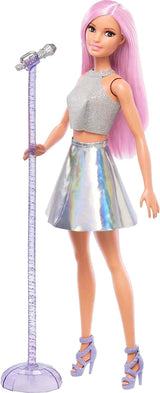 Muñeca Barbie Pop Star con falda brillante, micrófono y pelo rosa Regalo para niños de 3 a 7 años JCW42 Dazzling Dolls Naty Shop Pink