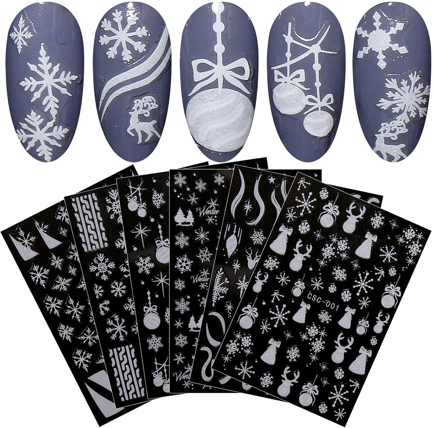 JMEOWIO Nagelsticker Weihnachten Gold Glitter Silver 8 Blatt Nail Art Sticker Selbstklebend Nagelaufkleber Schneeflocke Winterurlaub Dekoration Nageldesign Zubehör