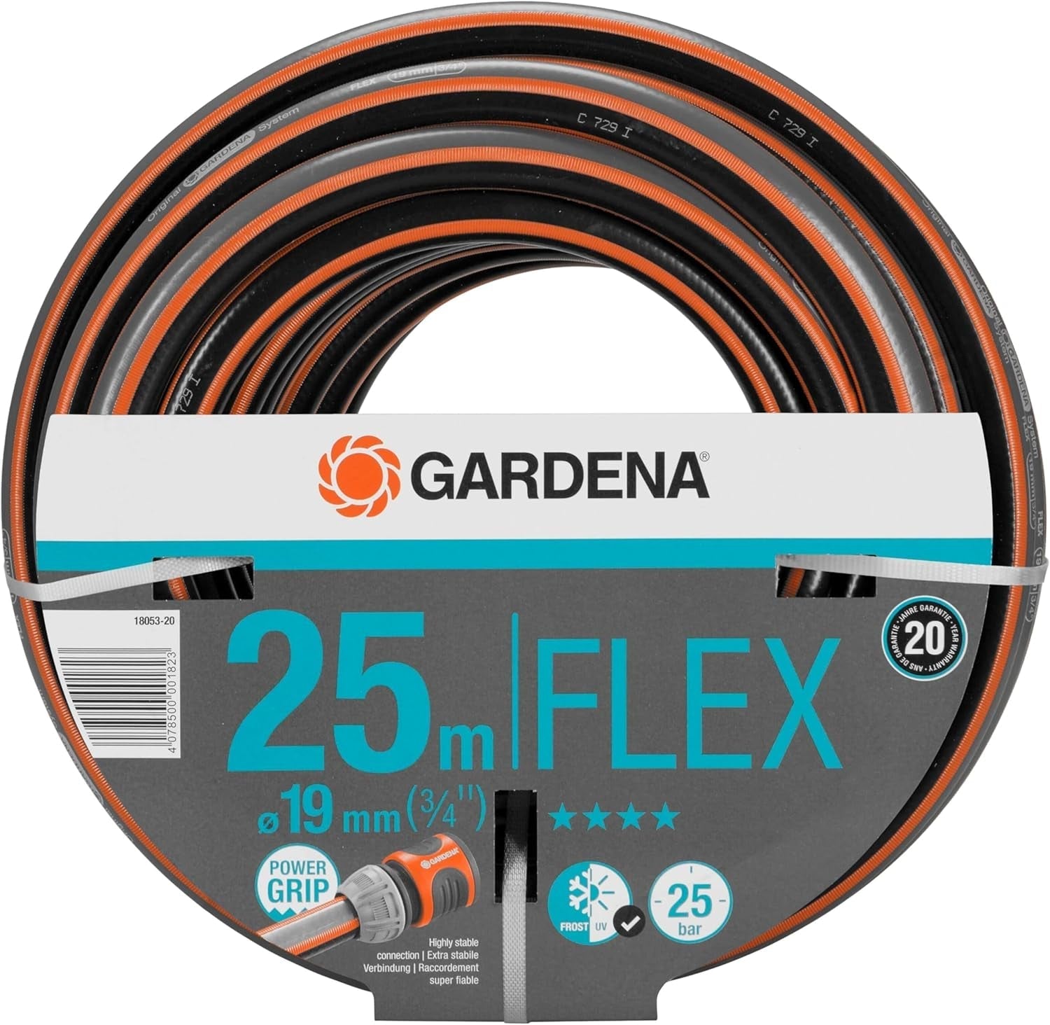 Manguera Gardena Comfort FLEX de 19 mm (3/4"), 25 m: Manguera de jardín flexible y estable con perfil Power-Grip, de material en espiral de alta calidad, presión de estallido de 25 bar, sin componentes del sistema (18053-20)