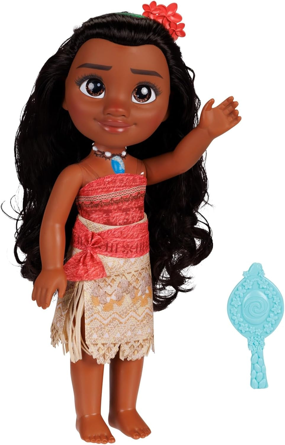 Muñeca Princesa Disney Moana de 35 cm, Ojos con Purpurina Reflectante, Articulaciones móviles, Conjunto Desmontable, Clip de Flor, Pelo Largo, para niñas a Partir de 3 años