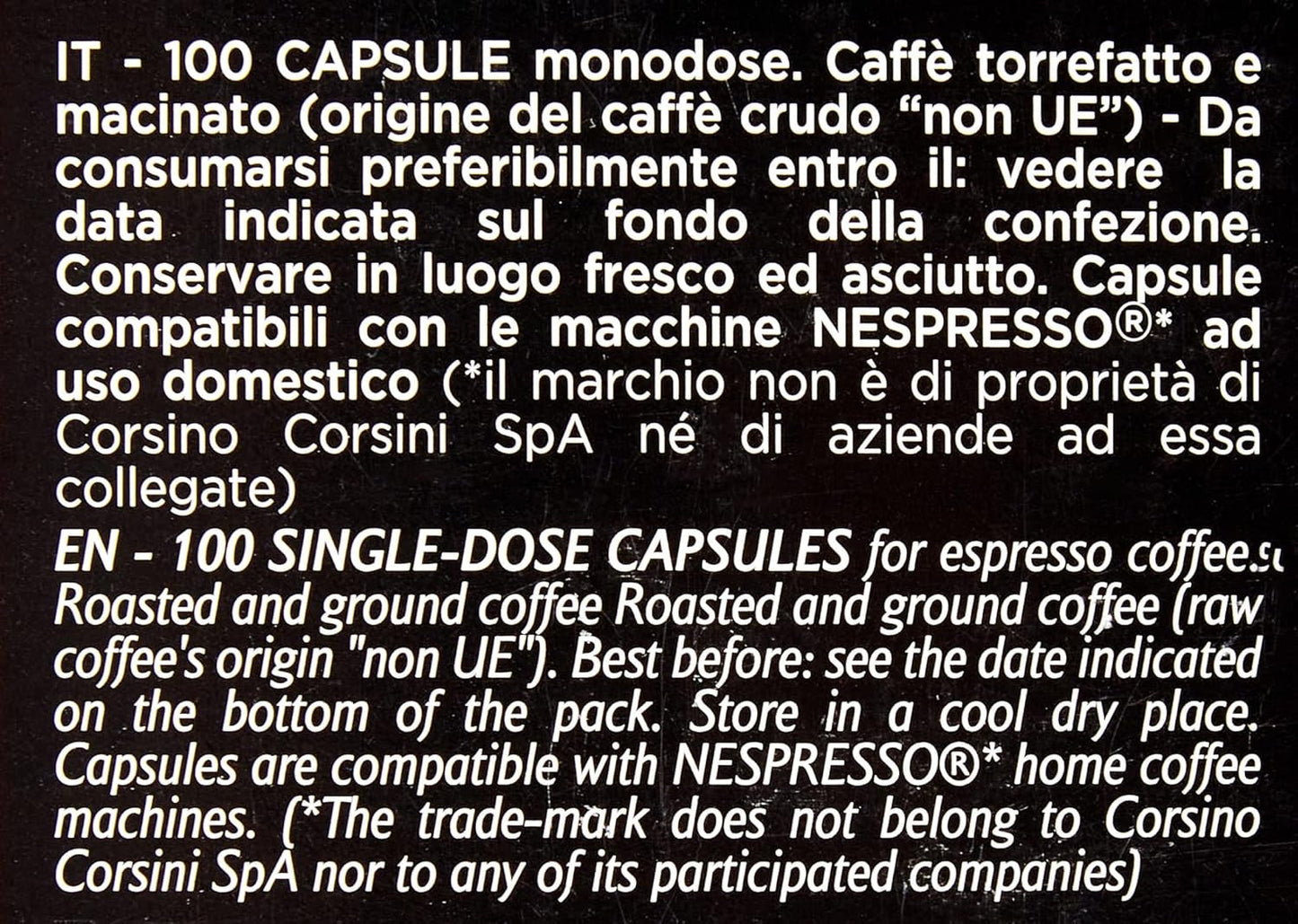 Caffè Corsini - Classico Italiano, Miscela Di Caffè En Cápsulas Compatibles Nespresso, Gusto Forte E Deciso - Confezione Da 100 Cápsulas