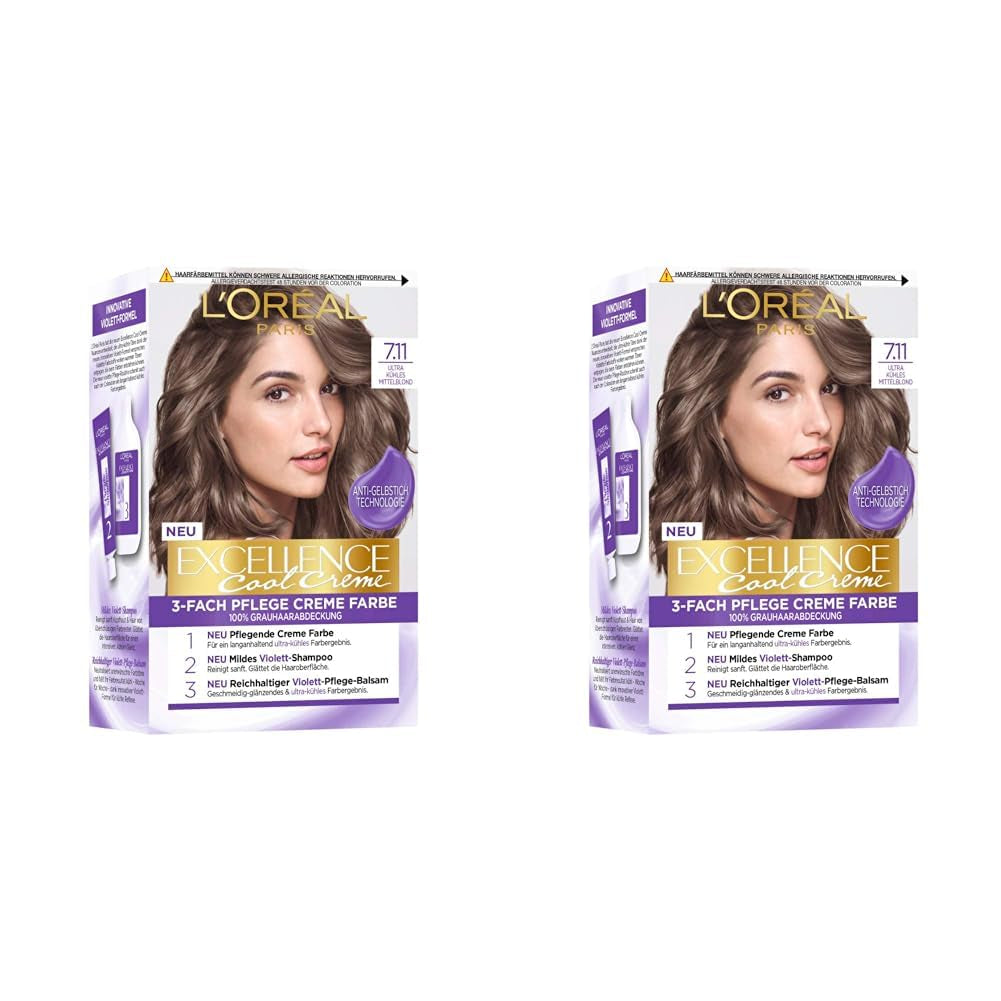 L'Oréal Paris Tinte permanente para el cabello con resultado de color ultrafrío, cobertura 100% de las canas, set con colorante, champú y crema de cuidado, Excellence Cool Creme, N° 7.11 Ultra Cool Medium Blonde (Rubio) Naty Shop Tinte para el cabello Título predeterminado