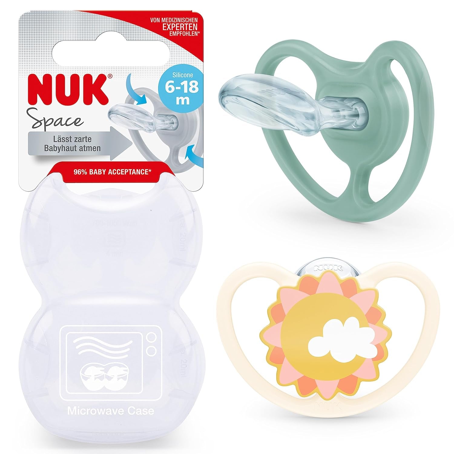 NUK Chupete Space Baby de 6 a 18 meses, aberturas extra grandes para pieles sensibles, silicona sin BPA, patrón de cebra, paquete de 2