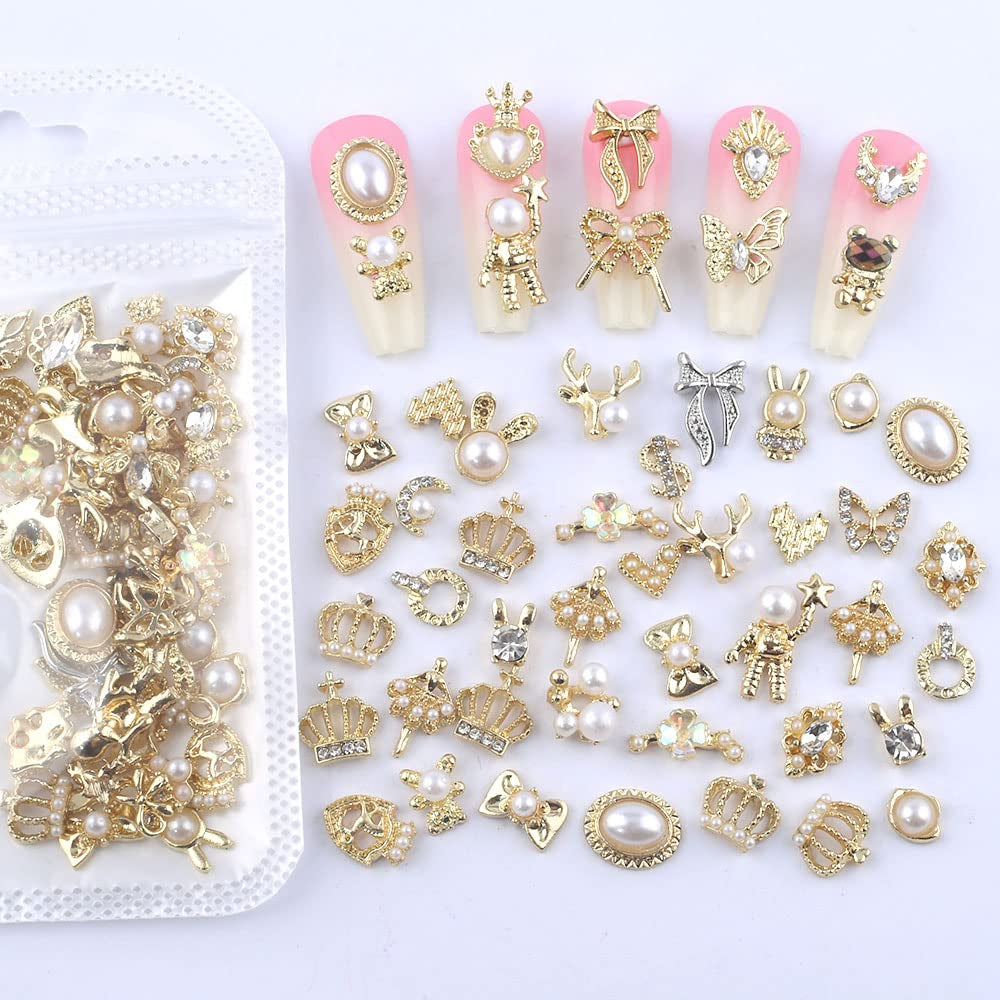50 Stück Gold Nail Charms, estilos mixtos Glitzersteine ​​​​Nägel Perle Legierung Nagel Steine ​​​​Blume Schmetterling Strasssteine ​​​​Nägel Herz Stern Nagel Charms DIY Nail Art Zubehör Frauen Nägel Deko