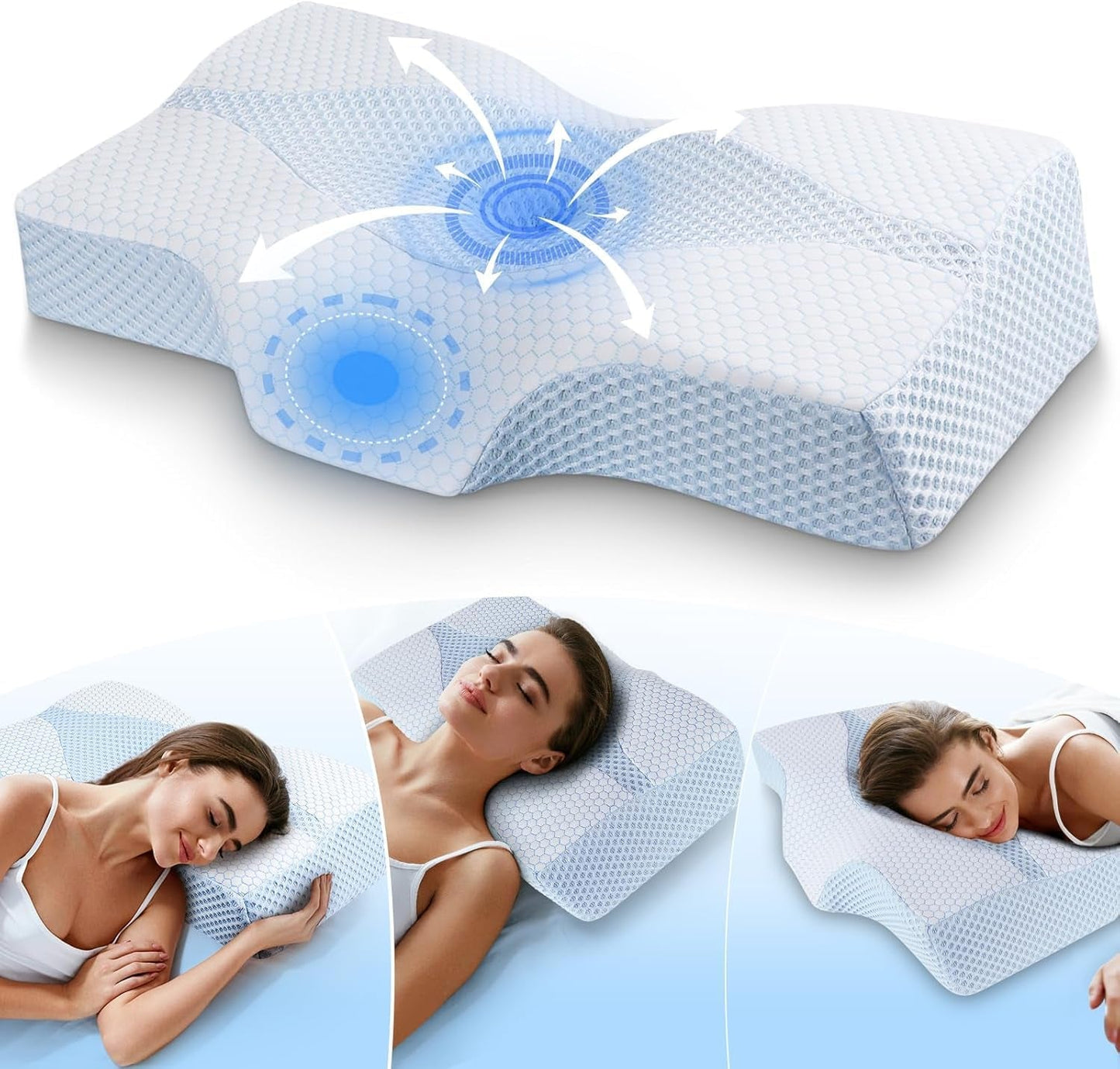 Almohada De Espuma Viscoelástica Almohada Ortopédica Ergonómica Para El Dolor De Cuello Y Hombros - Almohada Para Dormir Refrescante Para Personas Que Duermen De Lado, Boca Arriba Y Boca Abajo Con Soporte Para El Cuello Almohadas Ortopédicas Cervicales Naty Shop 02-Azul 63.5Cm*40.6Cm*10.7/13.2Cm