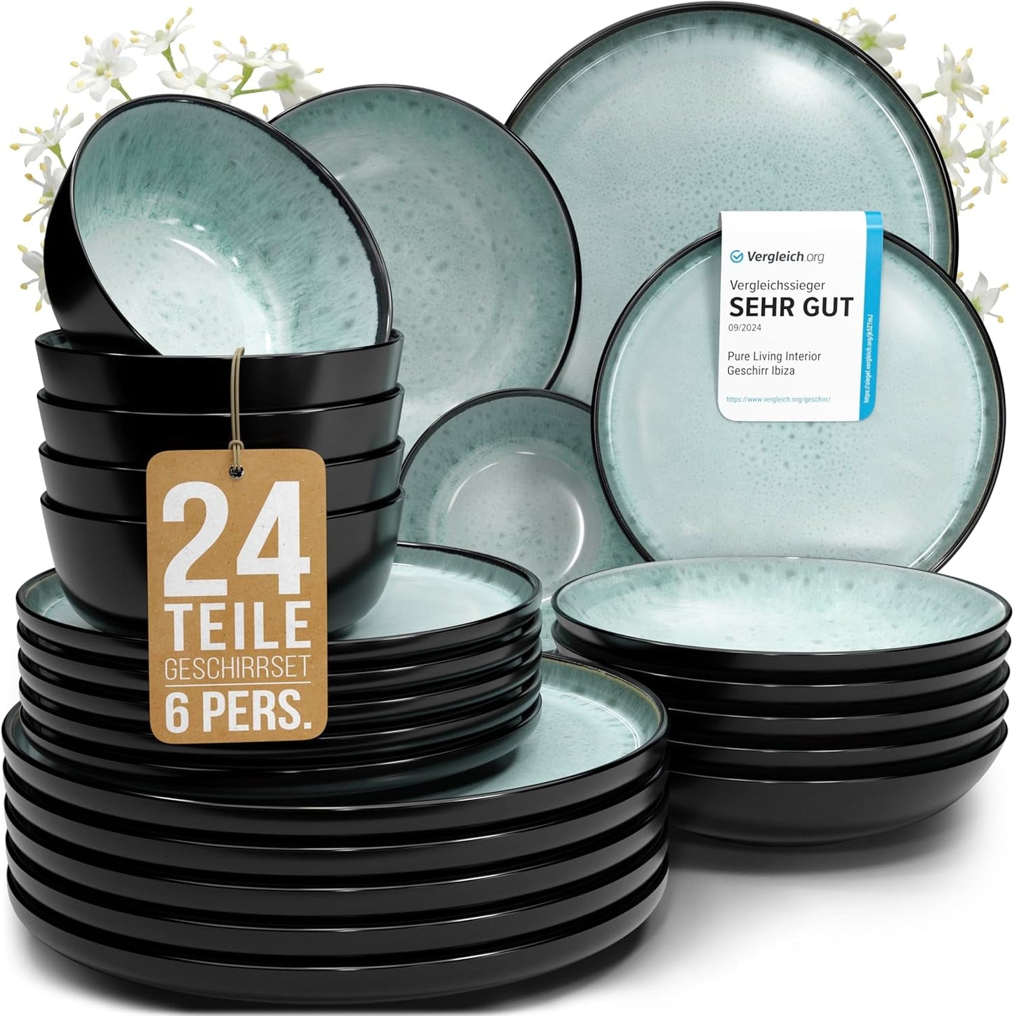 Vajilla para 6 personas de gres cerámico de 24 piezas, diseño Ibiza, GANADOR DE LA PRUEBA. Un precioso juego de vajilla mediterránea que incluye cuencos y platos. Juego de vajilla Pure Living, verde salvia.