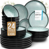 Vajilla para 6 personas de gres cerámico de 24 piezas, diseño Ibiza, GANADOR DE LA PRUEBA. Un precioso juego de vajilla mediterránea que incluye cuencos y platos. Juego de vajilla Pure Living, verde salvia.