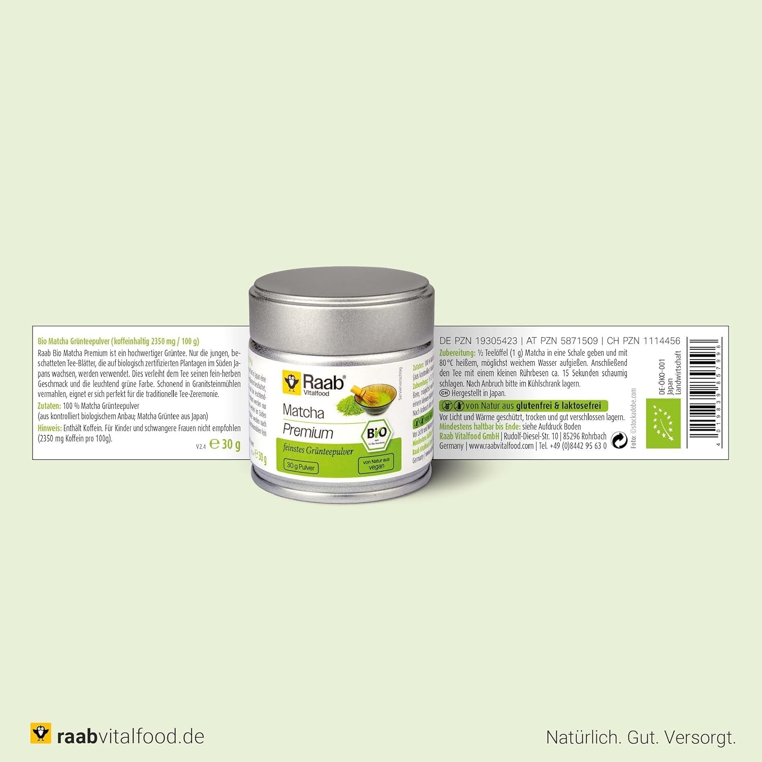 Raab Vitalfood® Premium Bio Matcha Powder (30g) - Original de Japón, matcha puro en polvo sin aditivos, finamente molido, sabor ligeramente amargo, té verde en polvo, vegano, ceremonia del té
