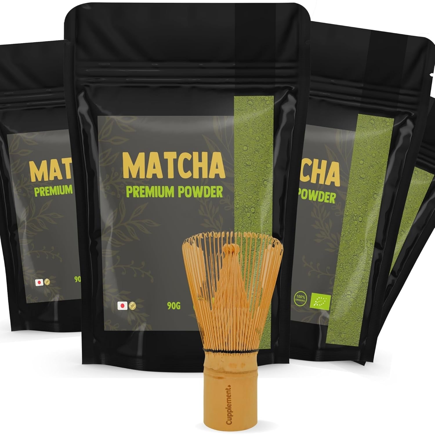Cupplement Matcha 90 gramos orgánico - Té verde en polvo de la más alta calidad - Sin batidor ni alambre de bambú - Culunario - Set para principiantes - Latte - Batidor - Japón - Polvo - Té - Alambre - Bolsa - Batido