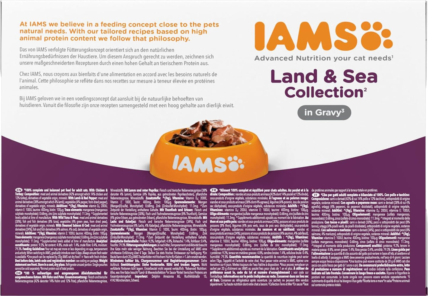 IAMS Delights Land & Sea Collection Comida Húmeda para Gatos - Surtido de Carne y Pescado Multipack en Salsa, Comida Húmeda para Gatos de 1 Año y Más, 12 x 85 g