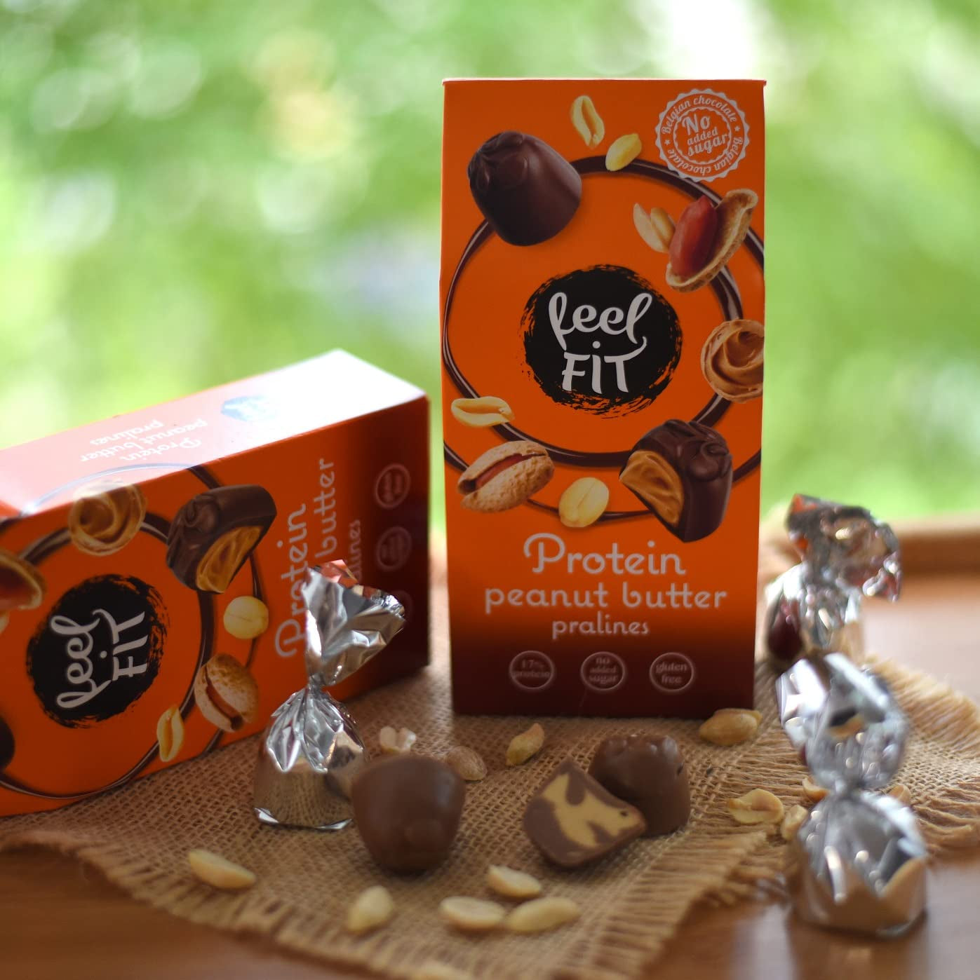 Pralinés proteicos de mantequilla de maní Feel FIT en chocolate con leche de alta calidad, sin azúcar añadido, 17% de proteína, sin gluten 66 g (paquete de 1)