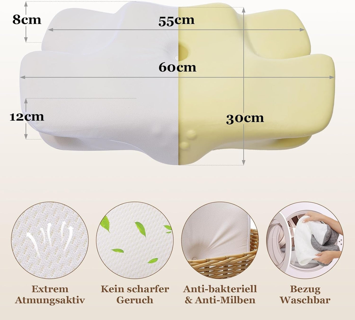 Wellsync Almohada para el cuello Almohada ergonómica Almohada viscoelástica Almohada ortopédica para personas que duermen de lado Personas que duermen boca arriba Personas que duermen boca abajo Dolor de cuello Blanco Gris Almohadas ortopédicas cervicales Naty Shop