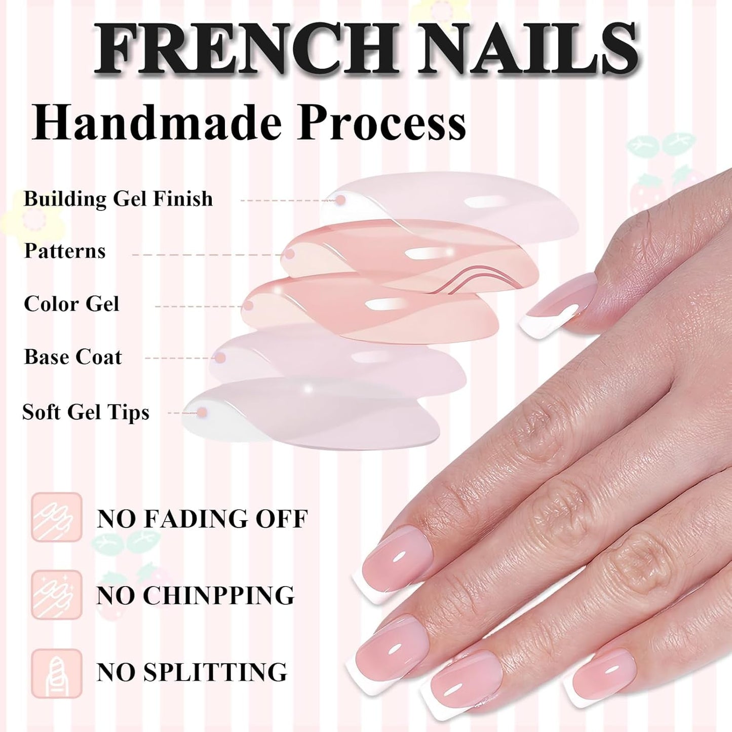 Uñas Francesas Autoadhesivas Rosa Claro - 32 Piezas Pegamento en Uñas Francesas - Uñas Postizas Cortas Cuadradas - Pegamento Transpirable en Uñas Artificiales - Uñas Postizas de Cobertura Completa para Mujer (Rosa Claro)