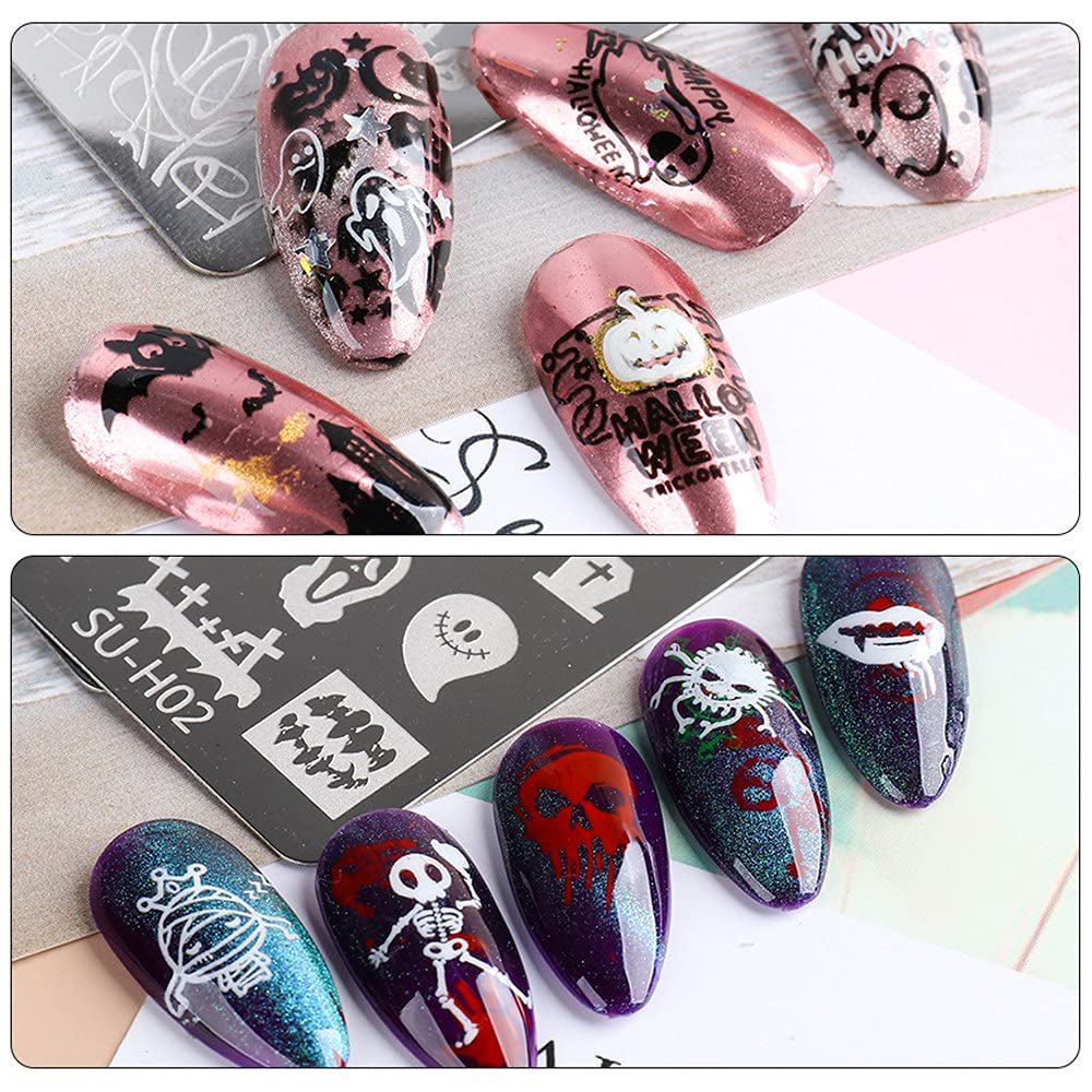 JMEOWIO Plantillas para estampación de uñas Halloween 6 Piezas Plantillas de Plantillas para decoración de uñas Diseño de uñas Zubehör Böse Gruselige Kürbis-Geisterhexe