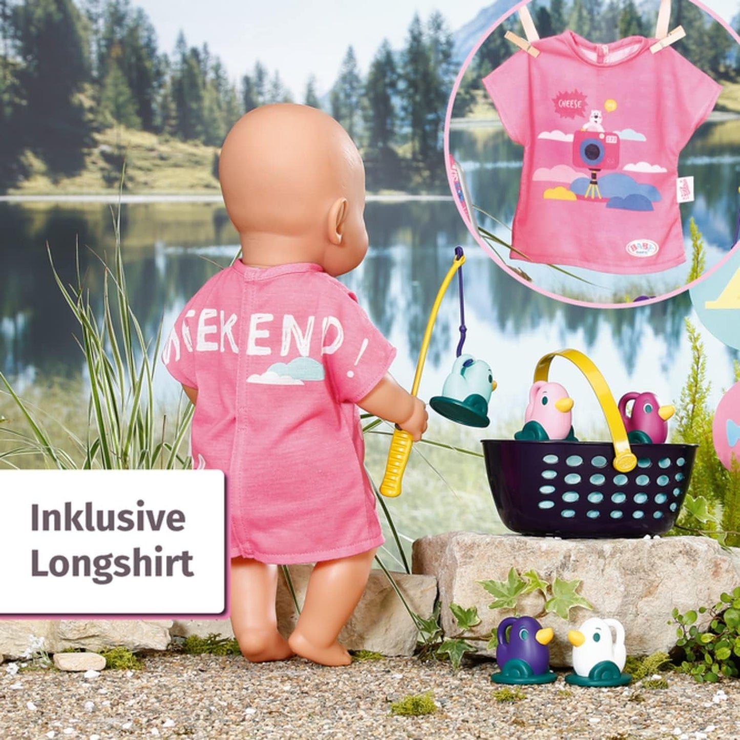 BABY born 832790 Weekend Fishing - Juego de accesorios para muñeca de pesca con tumbona, mesa auxiliar, vaso, cesta, patitos y caña de pescar y camiseta larga rosa, rosa
