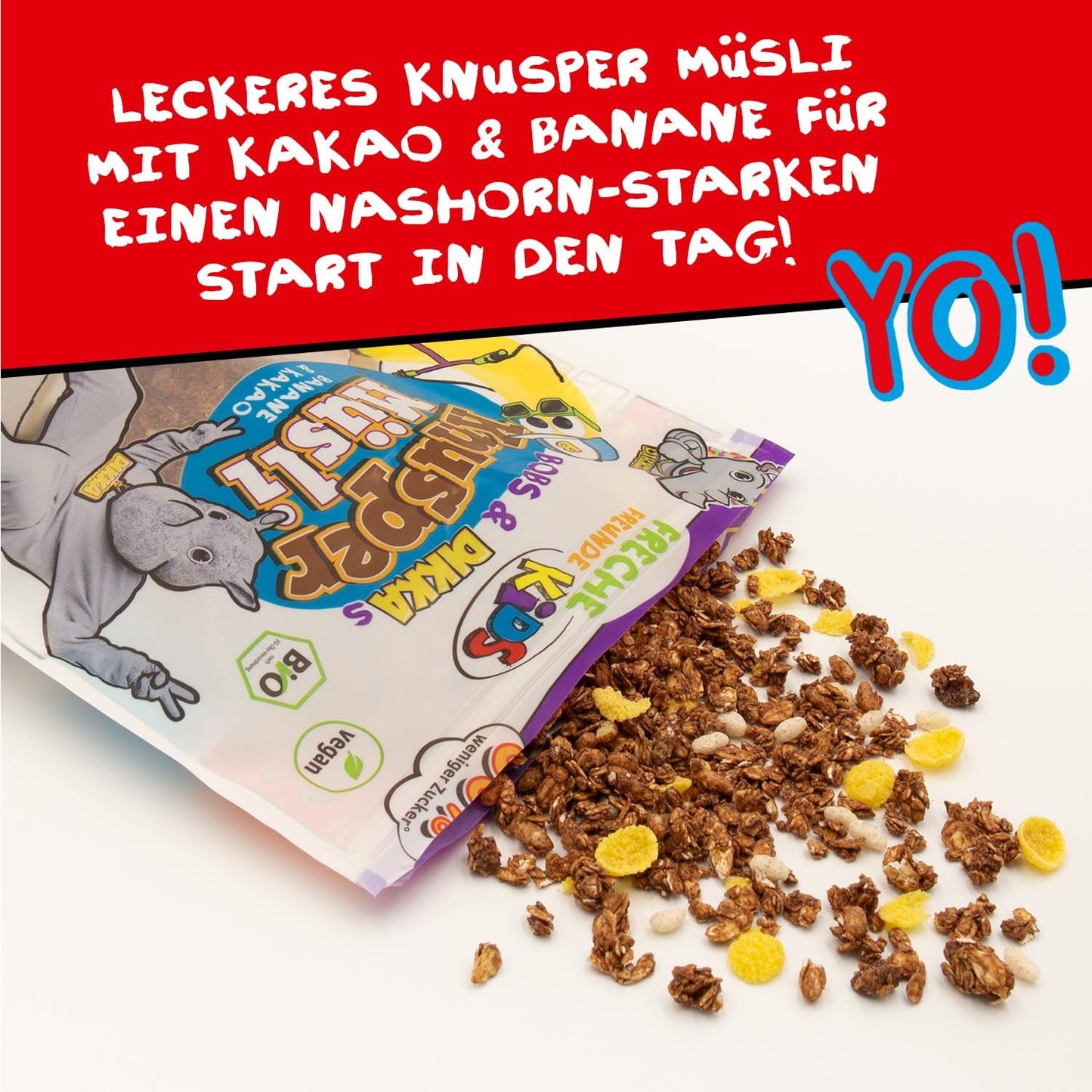 FRECHE FREUNDE KIDS, Bobs & DIKKAs Muesli crujiente de plátano y cacao, Muesli crujiente de chocolate para niños, bajo en azúcar, sin aditivos, 100% vegano, 6 piezas (6 x 280 g)