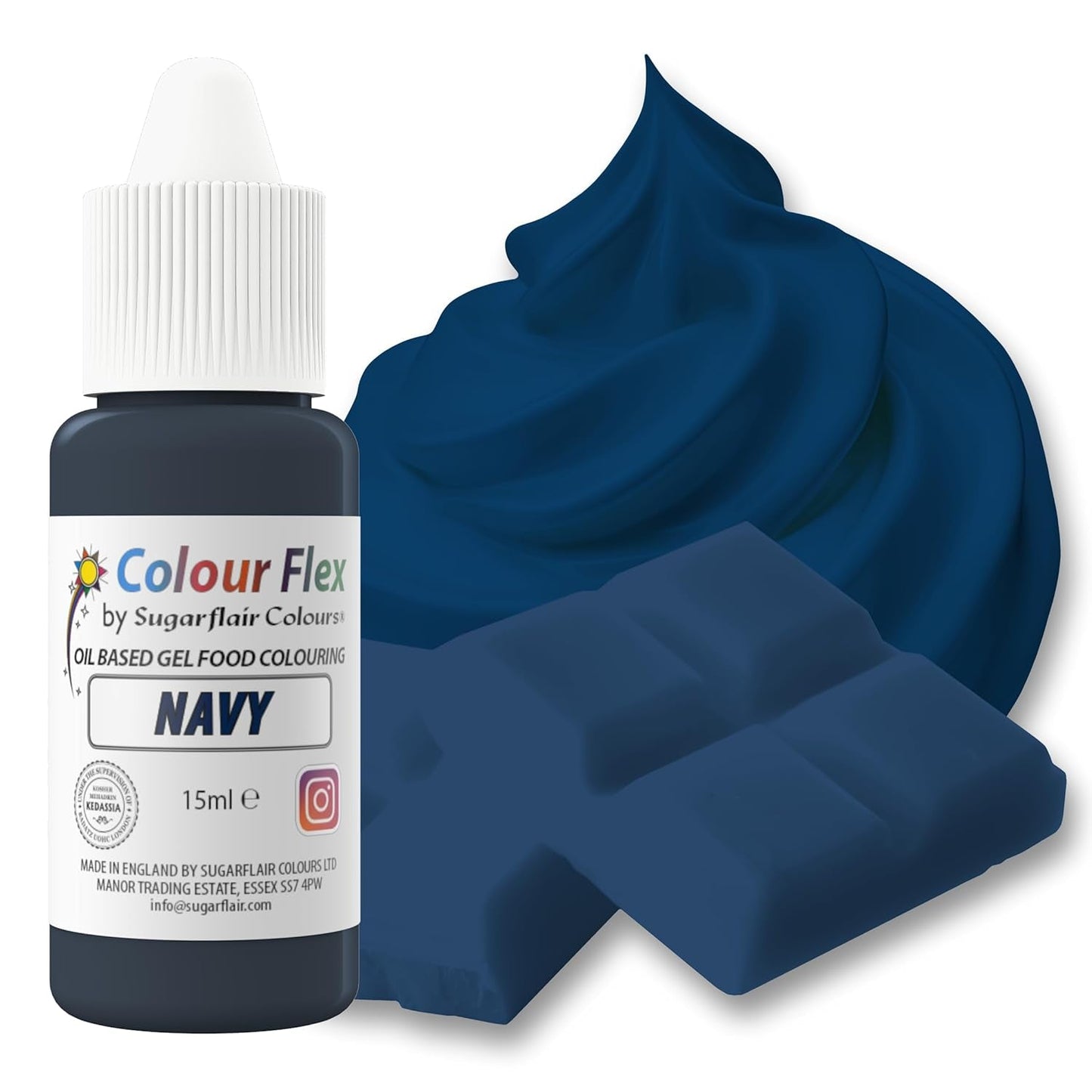 Sugarflair Colourflex Colorante alimentario a base de aceite, azul marino, colorante alimentario líquido altamente concentrado, colorante alimentario para crema de mantequilla, chocolate, masa, fondant, glaseado y más, 15 ml