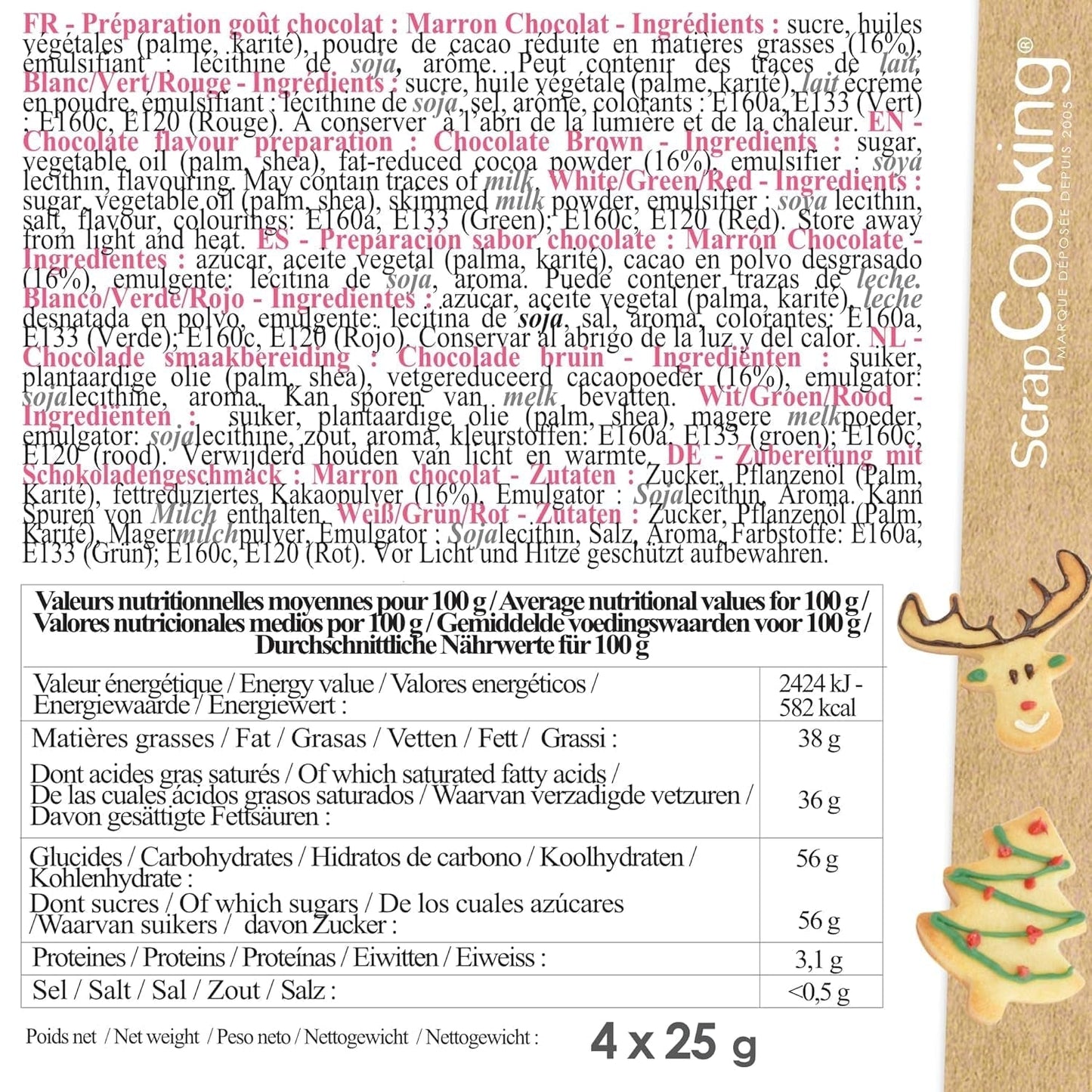 Scrapcooking - Juego de 4 Lápices de Colores Chocolate Navideño - Marrón, Blanco, Verde y Rojo - Colorante Comestible - Colorante Alimentario para Escribir - Escribir y Dibujar sobre Postres, Tartas y Galletas - 7060