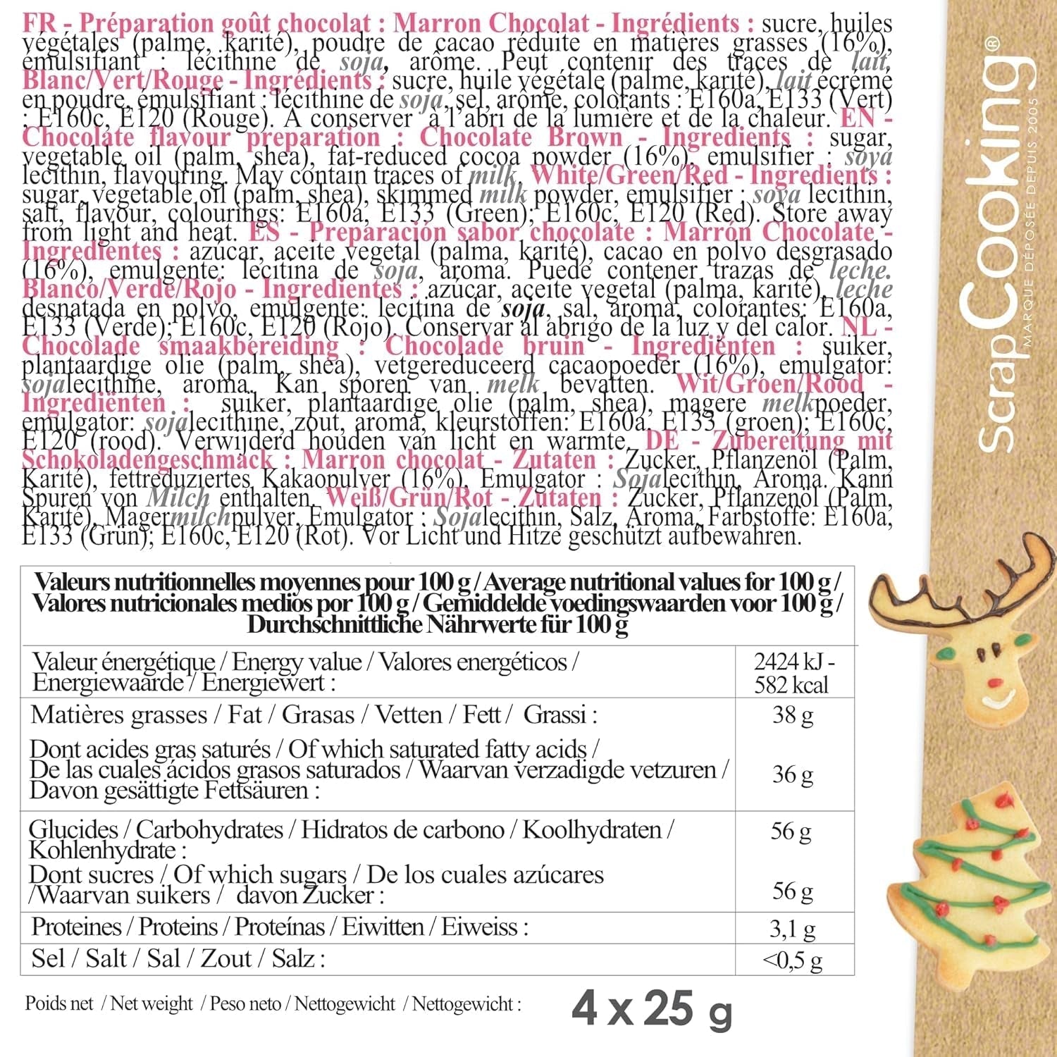 Scrapcooking - Juego de 4 Lápices de Colores Chocolate Navideño - Marrón, Blanco, Verde y Rojo - Colorante Comestible - Colorante Alimentario para Escribir - Escribir y Dibujar sobre Postres, Tartas y Galletas - 7060