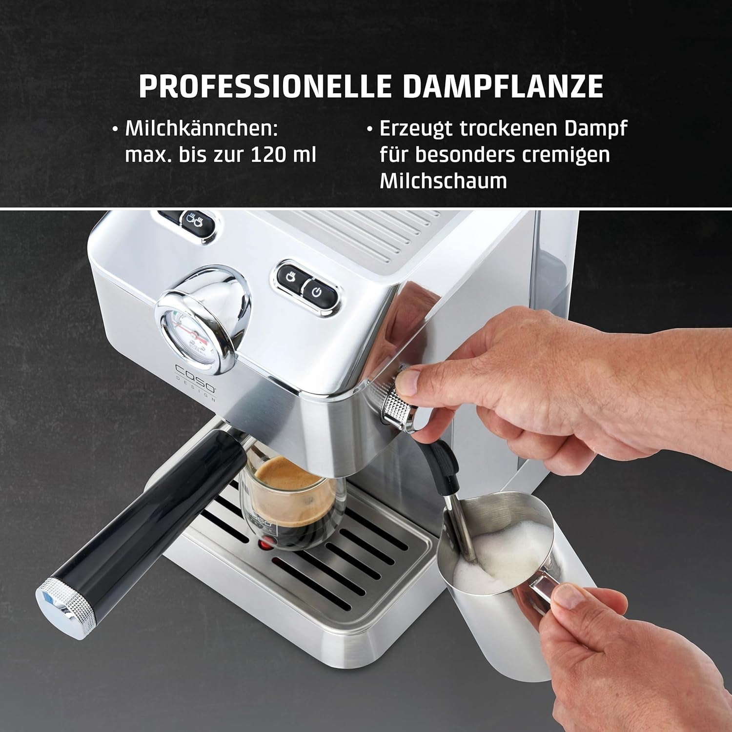 Caso Espresso Gourmet - Cafetera Espresso con Portafiltro de Acero Inoxidable, Potente Bomba Ulka de 19 Bares, con Espumador de Leche, para Café Molido o Cápsulas de Café ESE, para 2 Tazas, con Calentador de Tazas
