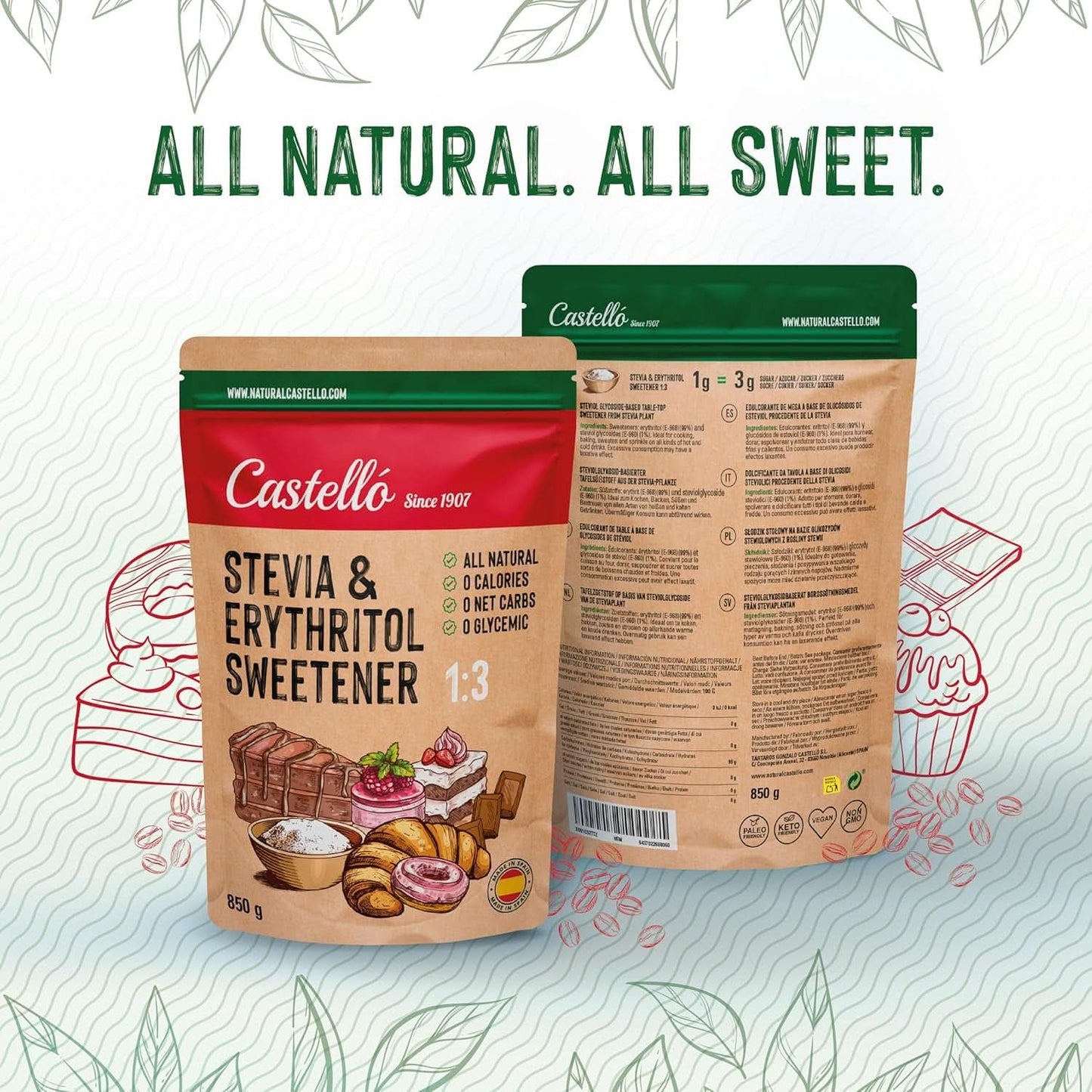 Stevia + Eritritol Edulcorante 1:3, 1G = 3G Azúcar, 850 gramos Edulcorantes Naty Shop