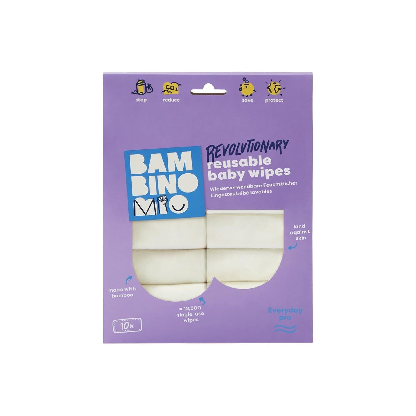 Toallitas reutilizables para bebé Bambino Mio - Básicas - Ecológicas, sin químicos, de doble cara, lavables, paquete de 10, nube - El embalaje puede variar