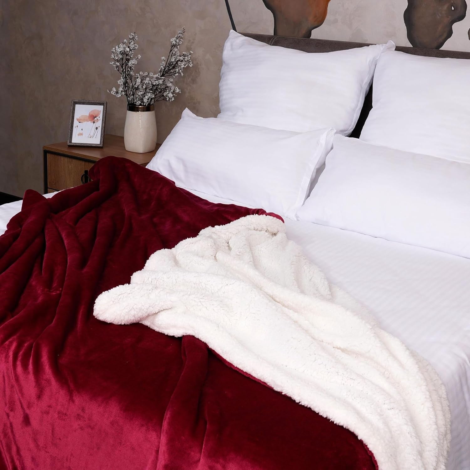 Komfortec acogedora manta 150X200 Cm, manta polar mullida con certificado Oeko-Tex, cálida manta sherpa para el sofá, manta gruesa para el sofá, color burdeos Camas y mantas Besuche den Komfortec-Store