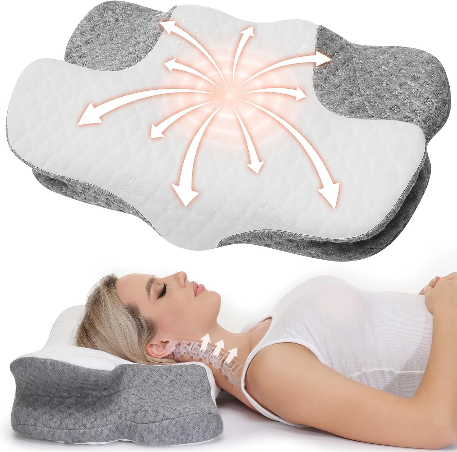 Wellsync Almohada para el cuello Almohada ergonómica Almohada de espuma viscoelástica Almohada ortopédica para personas que duermen de lado Personas que duermen boca arriba Personas que duermen boca abajo Dolor de cuello Blanco Gris Almohadas ortopédicas cervicales Naty Shop Título predeterminado