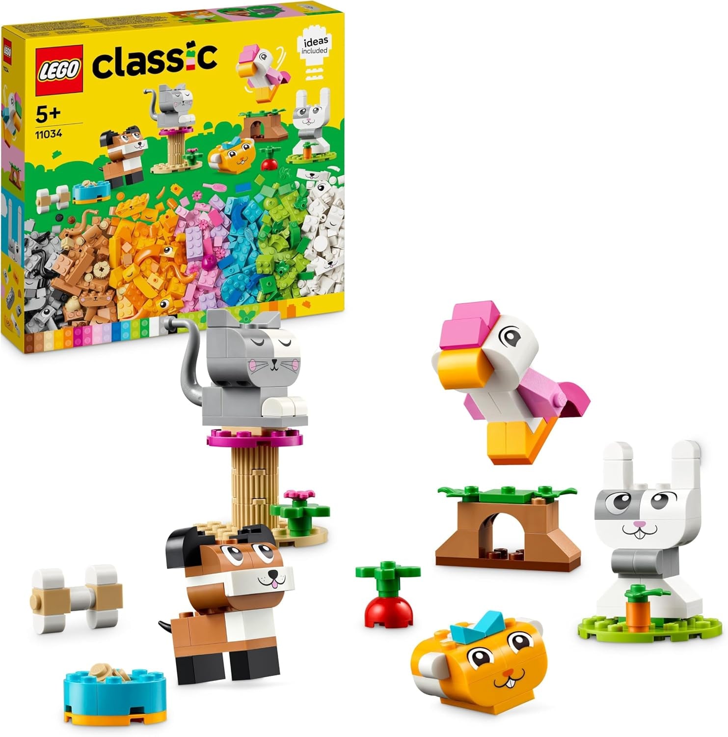 LEGO Classic Creative Animals Caja de Ladrillos de Colores Figuras de Animales con Ladrillos para Construir Perro, Gato, Conejo, Hámster y Pájaro Juguete de Construcción para Niños y Niñas 5 Años 11034 Juegos de Construcción Besuche den LEGO-Store Single