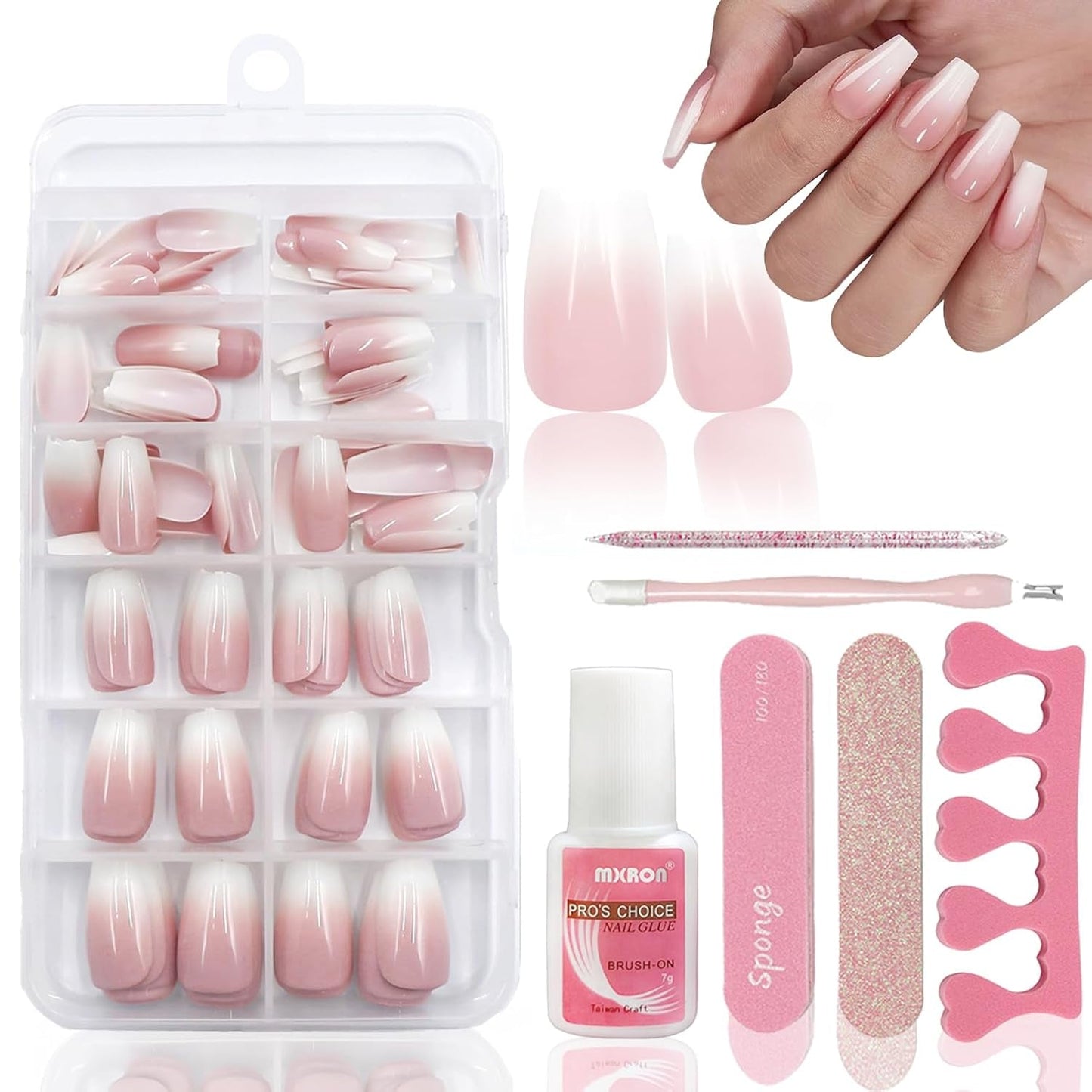 120 piezas de uñas postizas de color rosa nude con pegamento para uñas - 12 tamaños de uñas cortas ovaladas cuadradas a presión - Hermosas uñas, pegamento en uñas artificiales - Adecuado para el diseño de uñas de bricolaje para mujeres (degradado rosa Squaval)