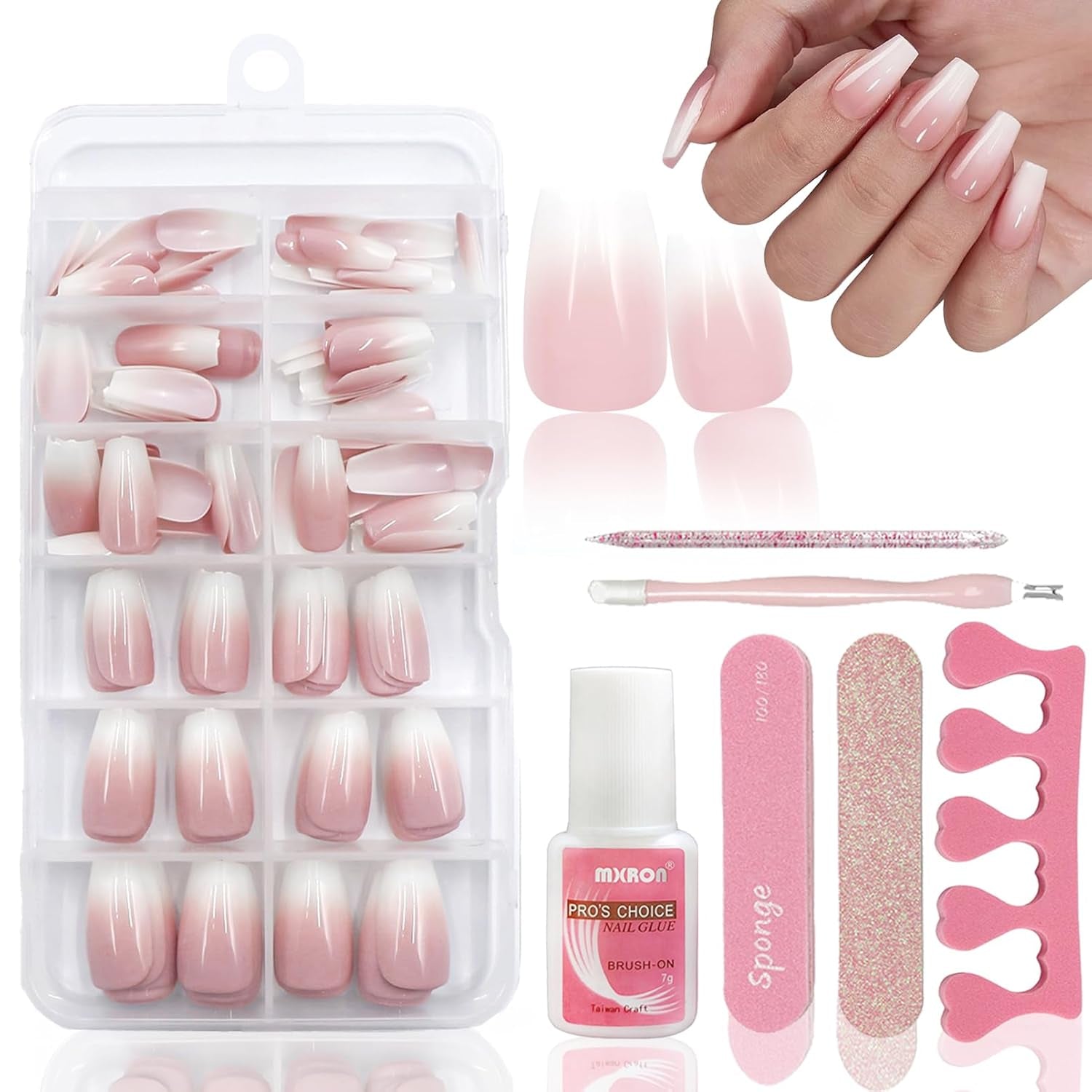 120 piezas de uñas postizas de color rosa nude con pegamento para uñas - 12 tamaños de uñas cortas ovaladas cuadradas a presión - Hermosas uñas, pegamento en uñas artificiales - Adecuado para el diseño de uñas de bricolaje para mujeres (degradado rosa Squaval)