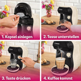 Bosch Tassimo Happy Friendly TAS107E Cafetera espresso de cápsulas, más de 70 bebidas, apta para todas las tazas, parada automática, sostenible, dosificación perfecta, ahorro de espacio, 1400 W, crema/negro