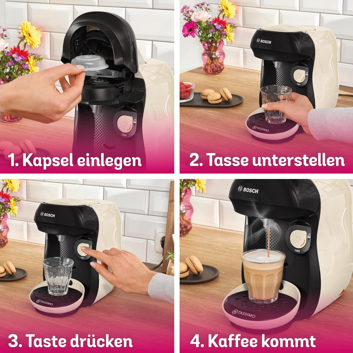 Bosch Tassimo Happy Friendly TAS107E Cafetera espresso de cápsulas, más de 70 bebidas, apta para todas las tazas, parada automática, sostenible, dosificación perfecta, ahorro de espacio, 1400 W, crema/negro