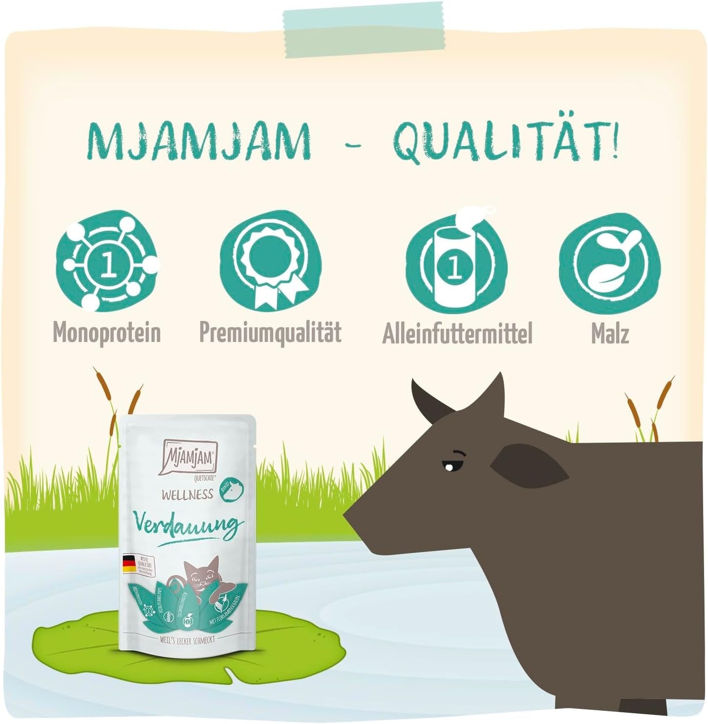 MjAMjAM - Comida húmeda premium para gatos - Bienestar - Digestivo - Carne de vacuno, paquete de 12 (12 x 125 g), sin cereales