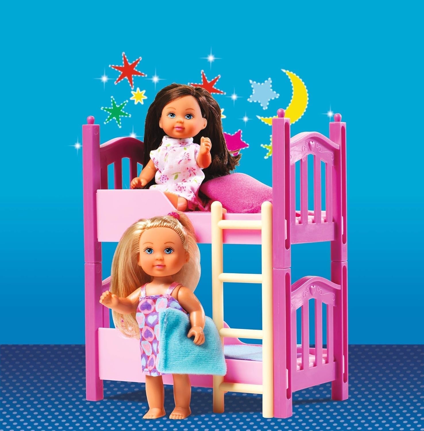 Simba 108178046 105733847 - Evi Love Cama de 2 pisos / con dos muñecas Evi / con litera / incluidos accesorios / muñeca disfrazada / 12 cm, para niños a partir de 3 años