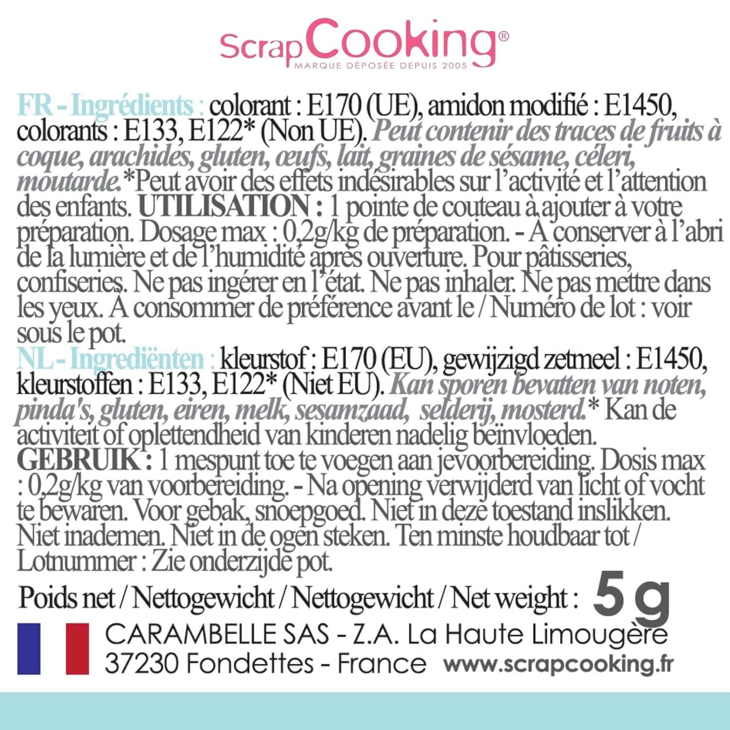 Scrapcooking, colorante alimentario en polvo, azul pastel, 5 gramos Naty Shop