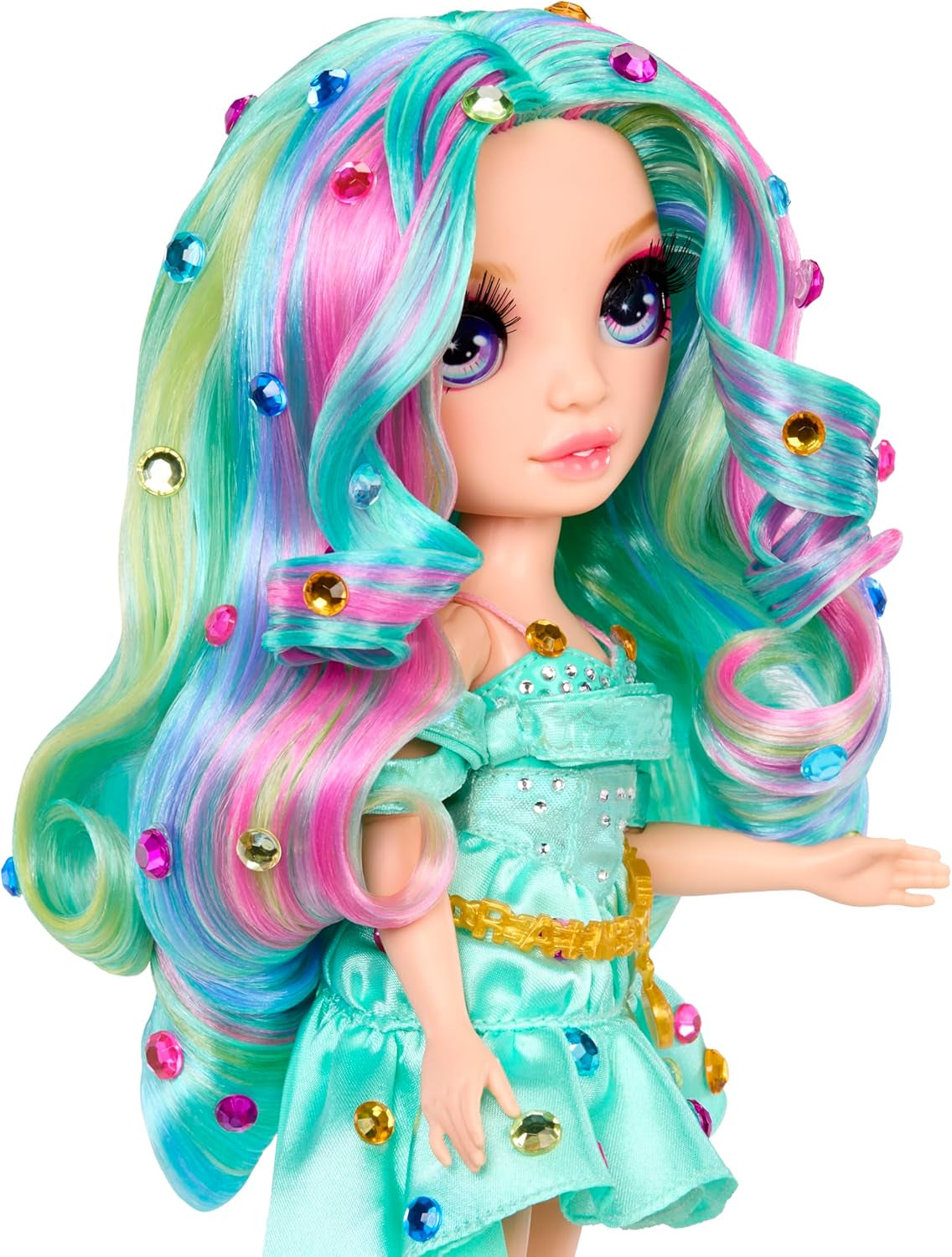 Muñeca Rainbow High Be Dazzling Fashion - Celine Turquesa - Azul-Verde, 28 cm, con herramienta de decoración, gemas brillantes y accesorios de peinado