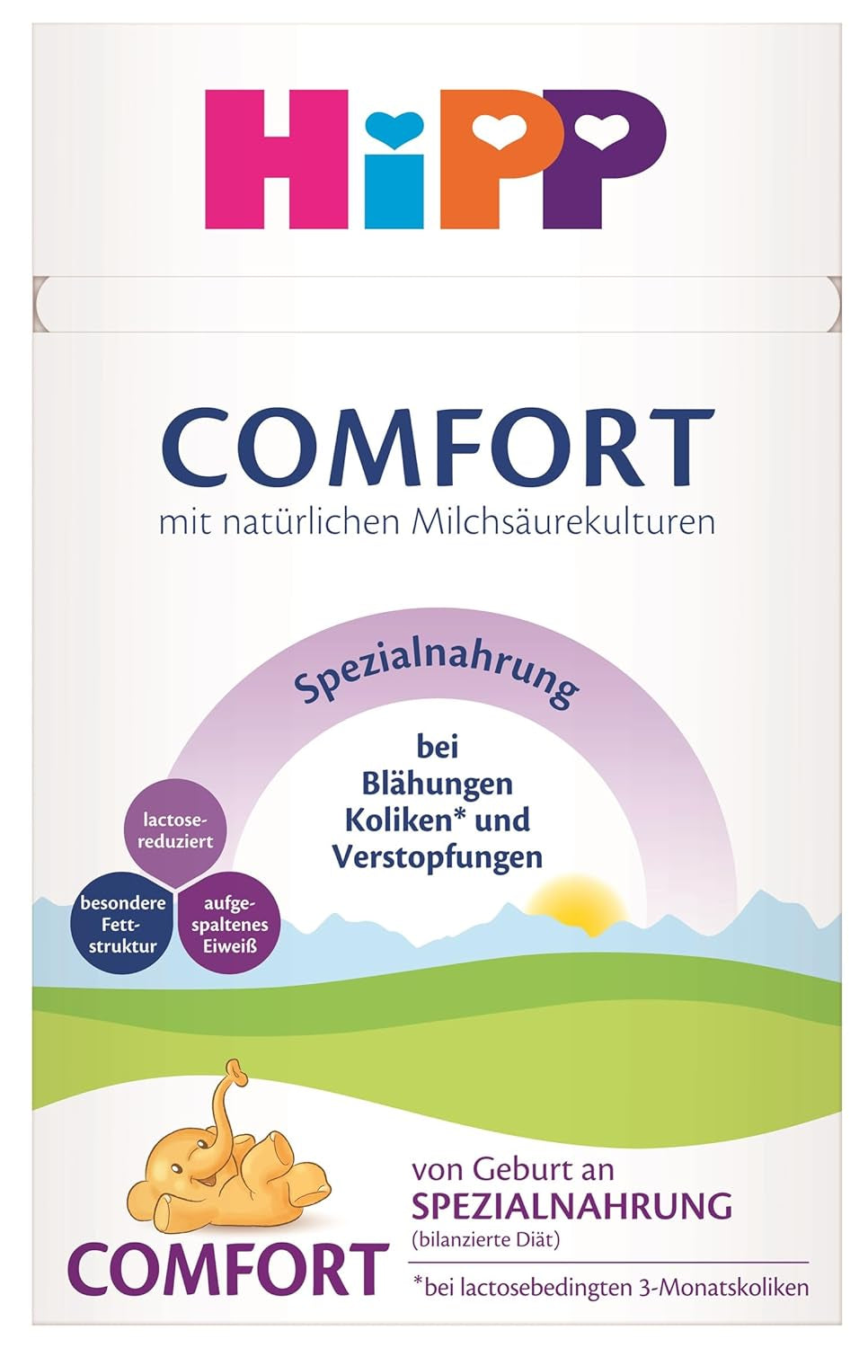 Fórmula especial HiPP Comfort (4 x 600 g), desde el nacimiento, con contenido reducido en lactosa, para el tratamiento dietético de los cólicos, la hinchazón y el estreñimiento.