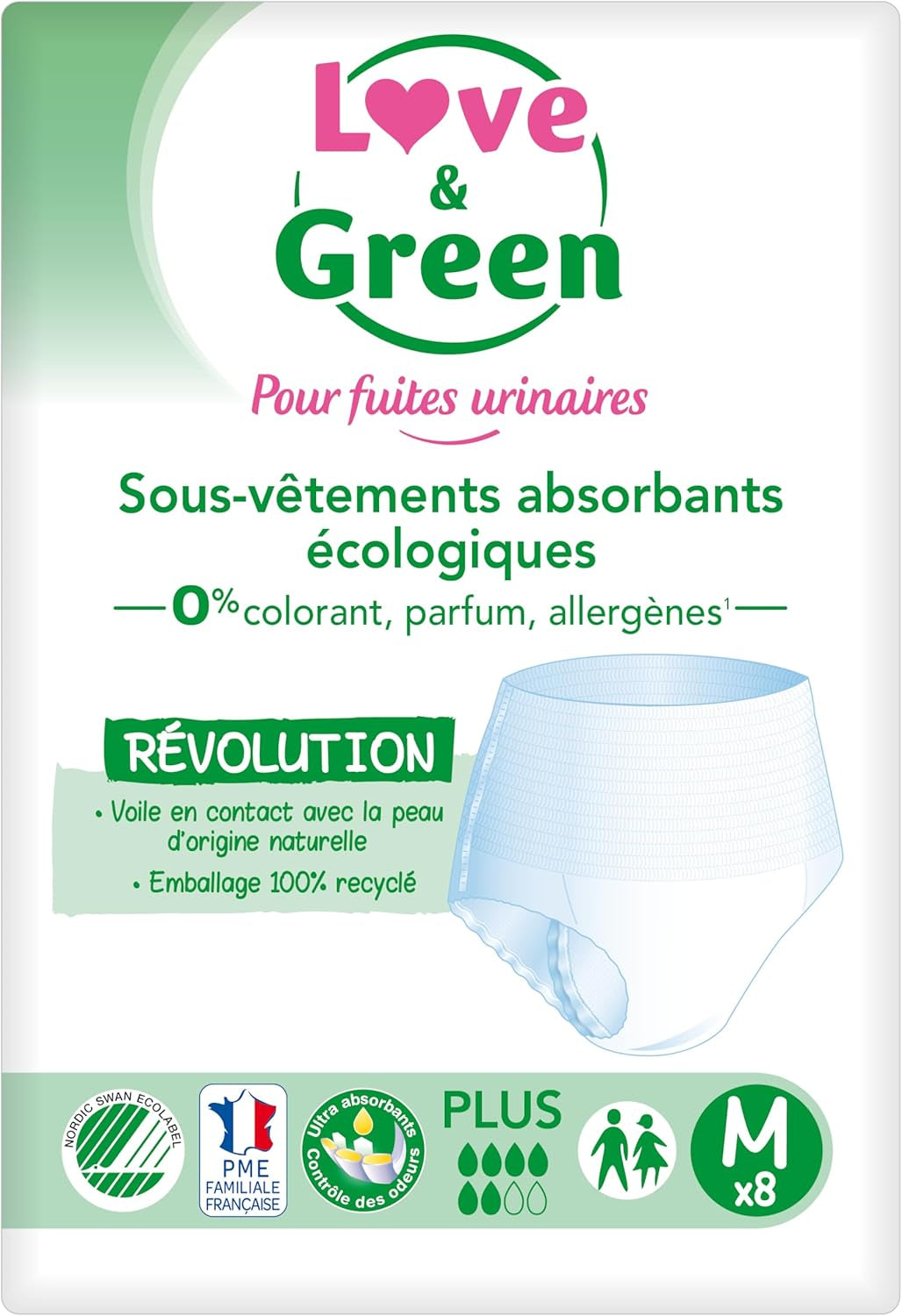 Ropa interior absorbente hipoalergénica y ecológica para adultos, talla M, 8 piezas
