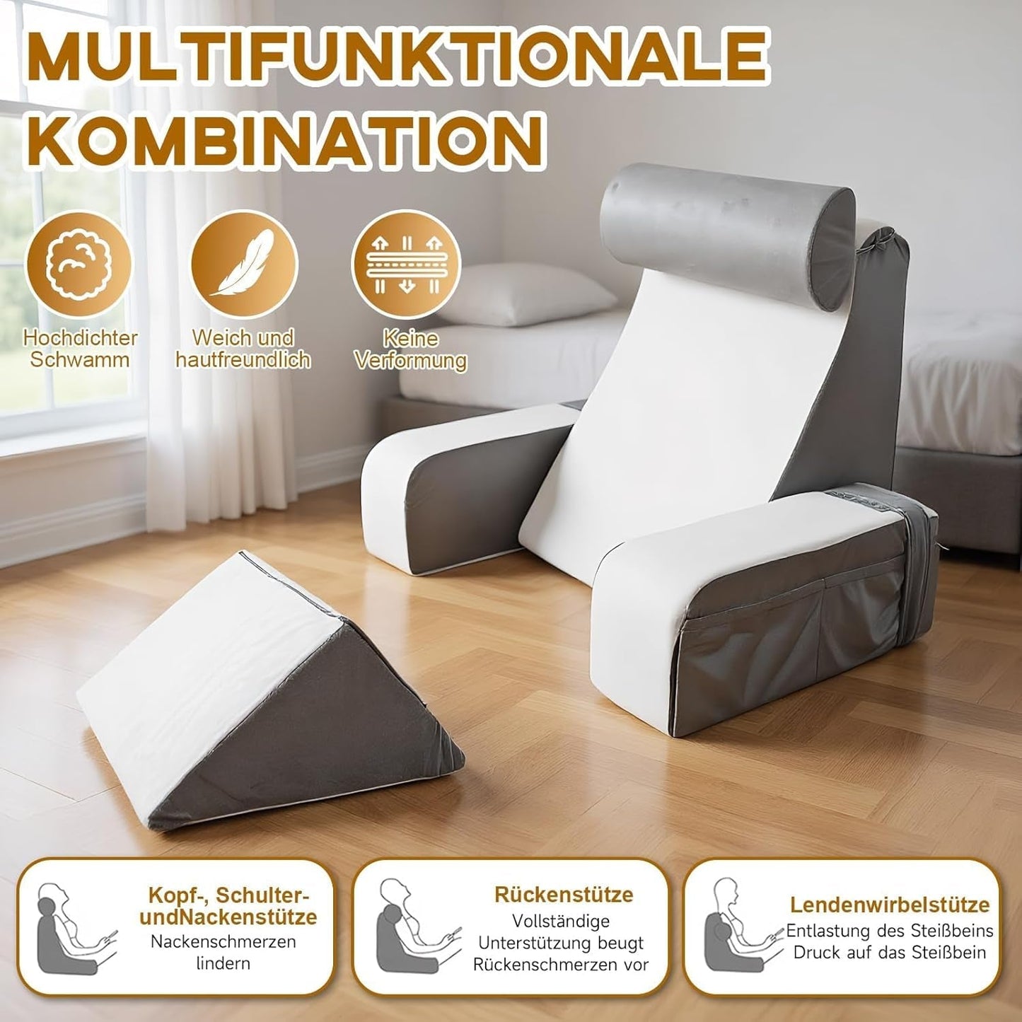 Almohada de lectura con soporte para el cuello y apoyabrazos desmontables, cómoda y liviana almohada para la espalda para cama y sofá, almohada para la espalda para adultos, respaldo de espuma viscoelástica para leer, mirar televisión y videojuegos