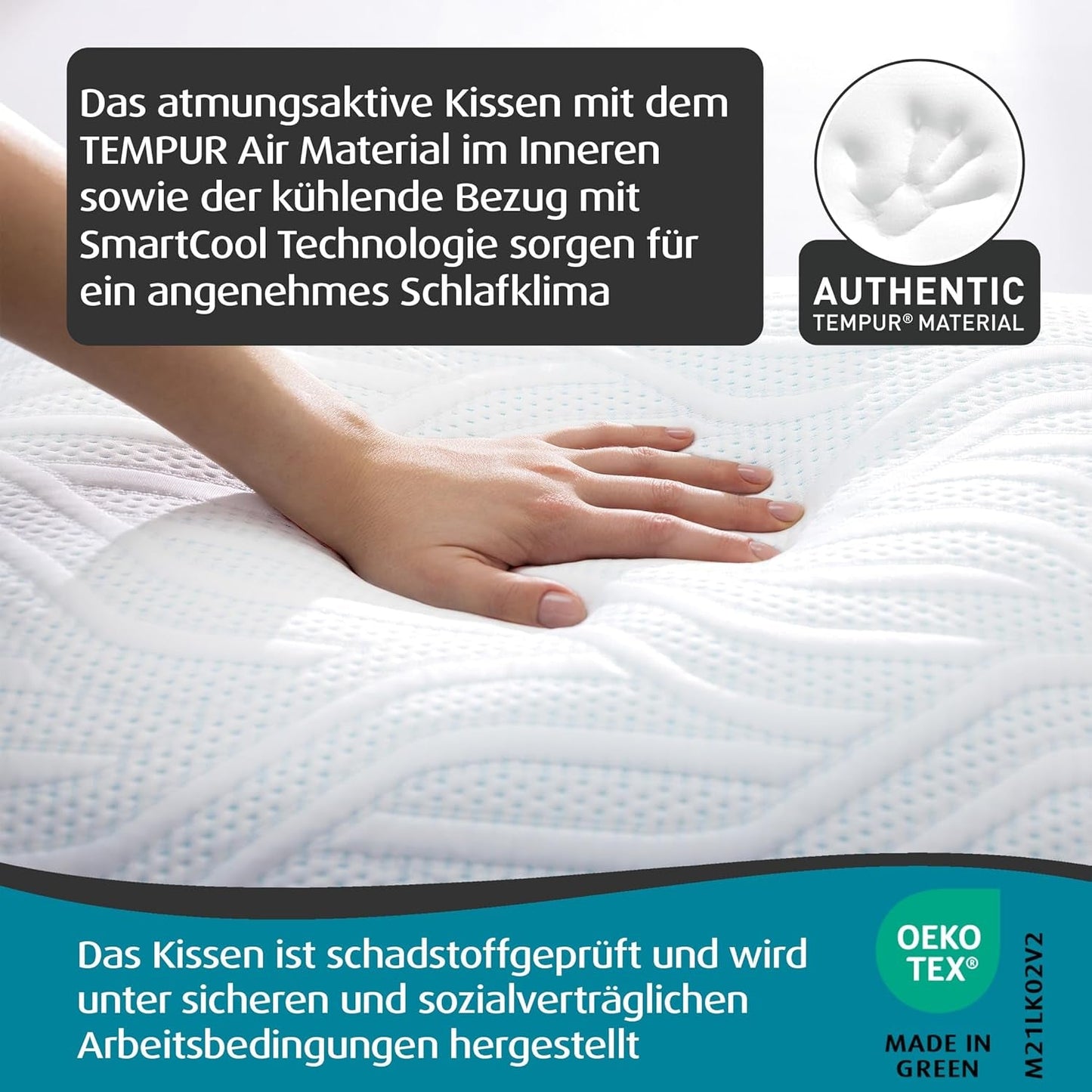 TEMPUR Comfort Air Almohada para dormir Mediana, Almohada transpirable para cualquier posición al dormir, FABRICADO OEKO-TEX en VERDE, firmeza media, 40 X 80 Cm Naty Shop almohadas estándar