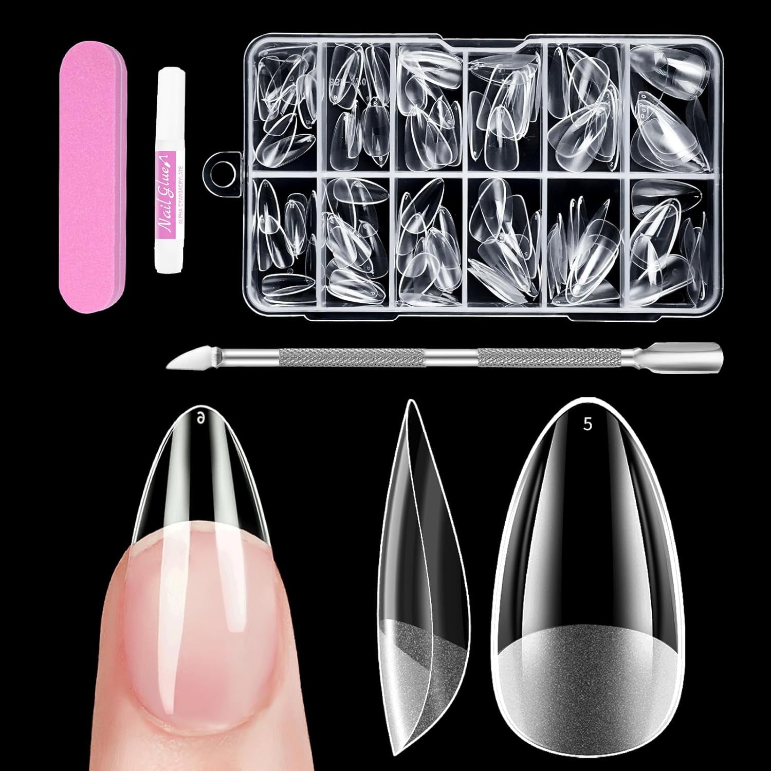 Uñas cortas de cubierta completa, 120 piezas, 12 tamaños, puntas de uñas cortas para uñas de gel, pegamento en uñas artificiales, pegamento en lima de uñas, pulidor de uñas, empujador de cutículas