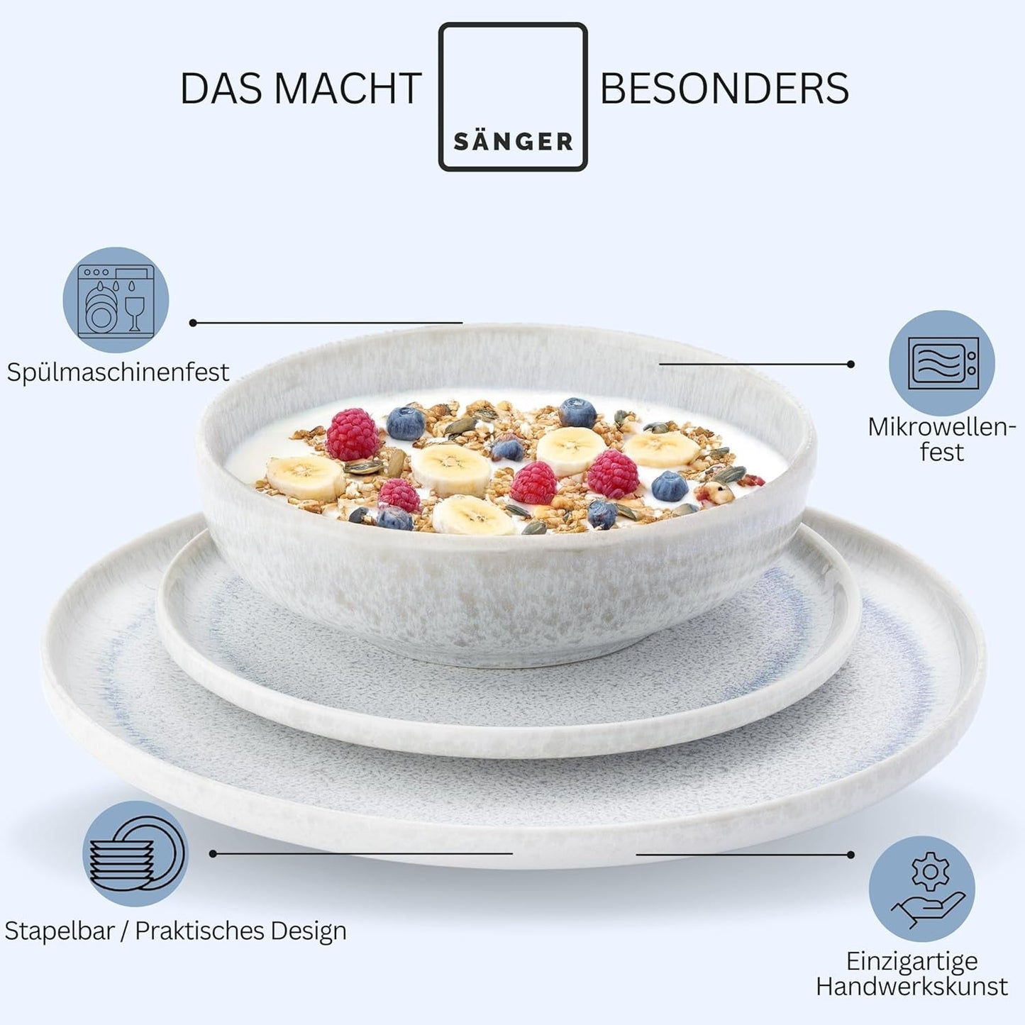 SANGER | Juego de vajilla Santorini de 12 piezas Juego de platos para 4 personas Juego de vajilla de gres con calificación MUY BUENA que incluye platos llanos, platos de postre y platos Suma Crema Lila Azul Degradado | LA COLECCIÓN PREMIUM